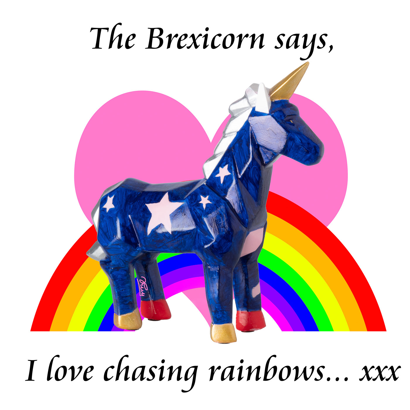 A plastic unicorn is painted blue with stars on one side and the British flag on the other. It has a silver mane, and gold horn. The hooves and red and gold. It lights up.
