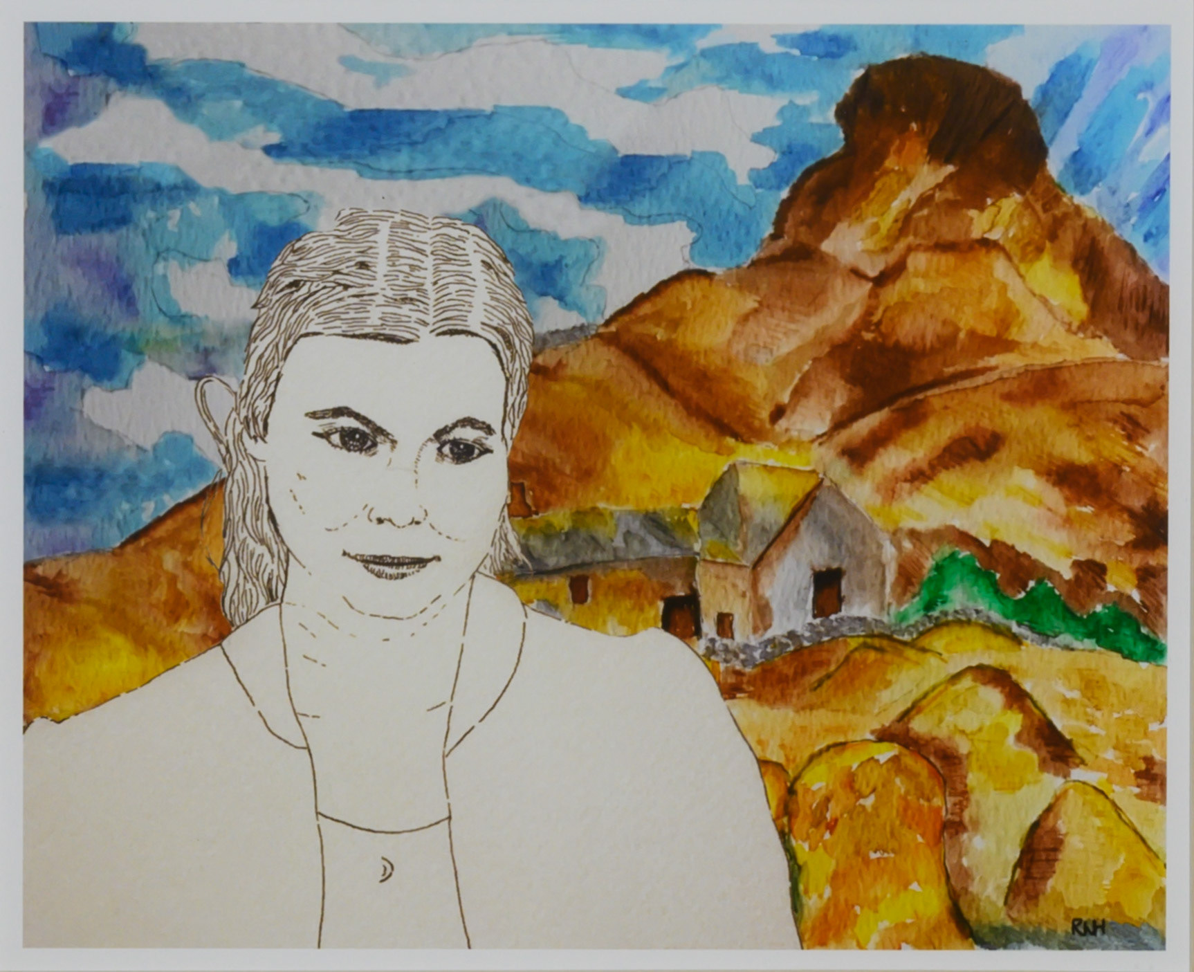Coloured inks reproduced as a giclee pigment print of a Cumbrian fell against a blue sky, a small house in the distance and a woman stands in black and white in the foreground of the picture