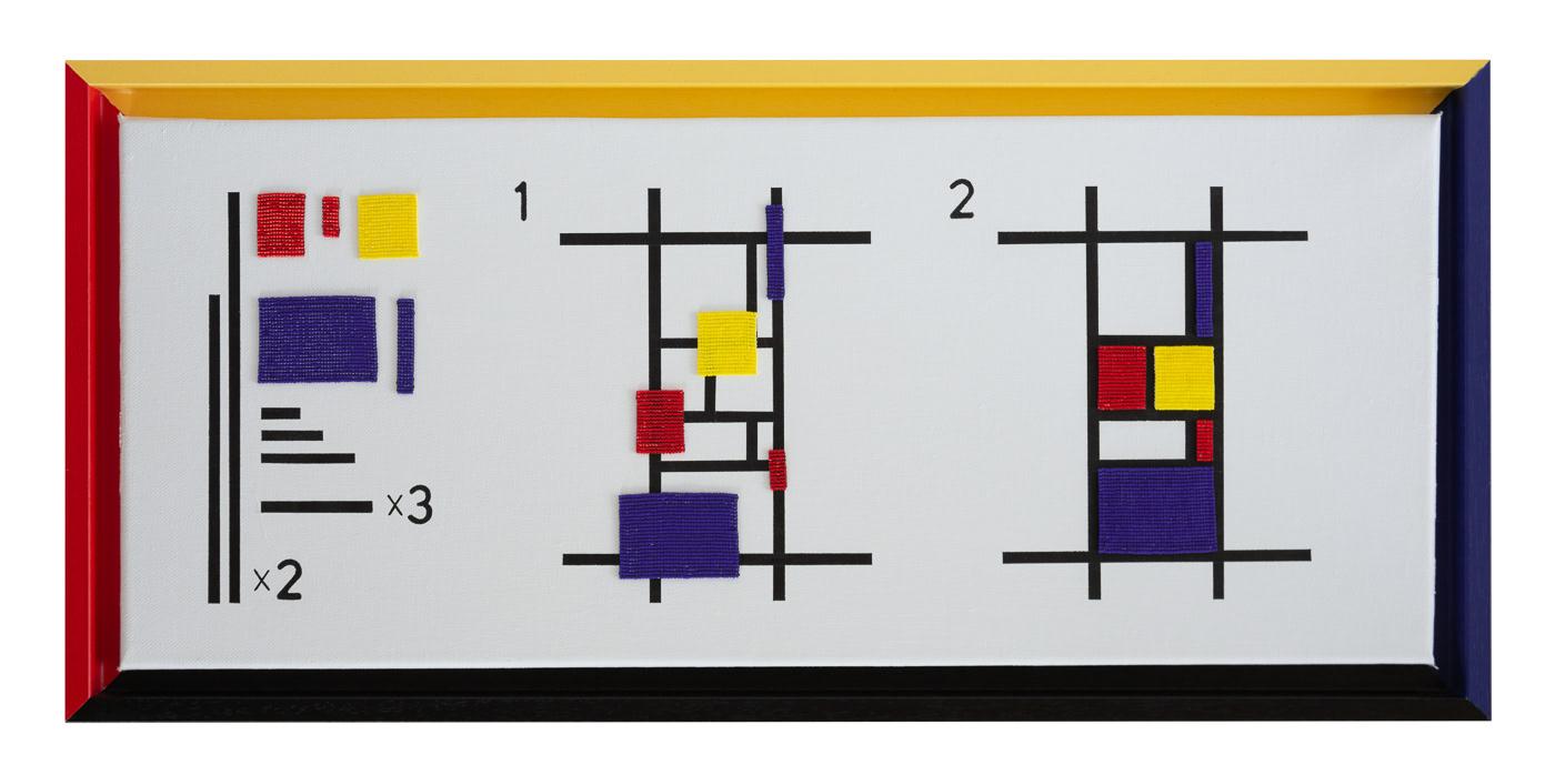 White background canvas, black vertical and horizontal lines in the style of Mondrian. Rectangles of red, yellow and blue hand woven Miyuki beads. The art piece is in 3 sections with the final section creating a Mondrian style section. The frame us painted in the Mondrian colours, yellow on the top edge, red on the left, blue on the right and black on the bottom edge