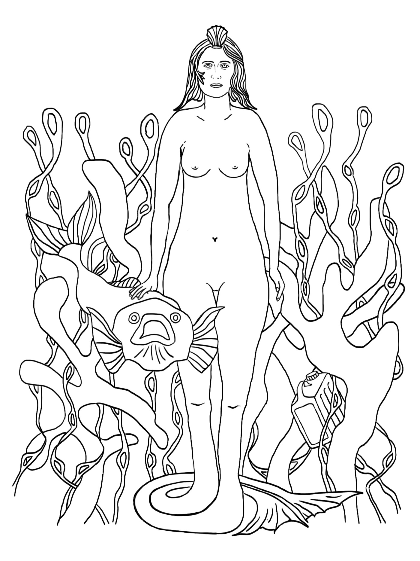 Mermaid and fish look out from within seaweed, with an oil canister floating to the side