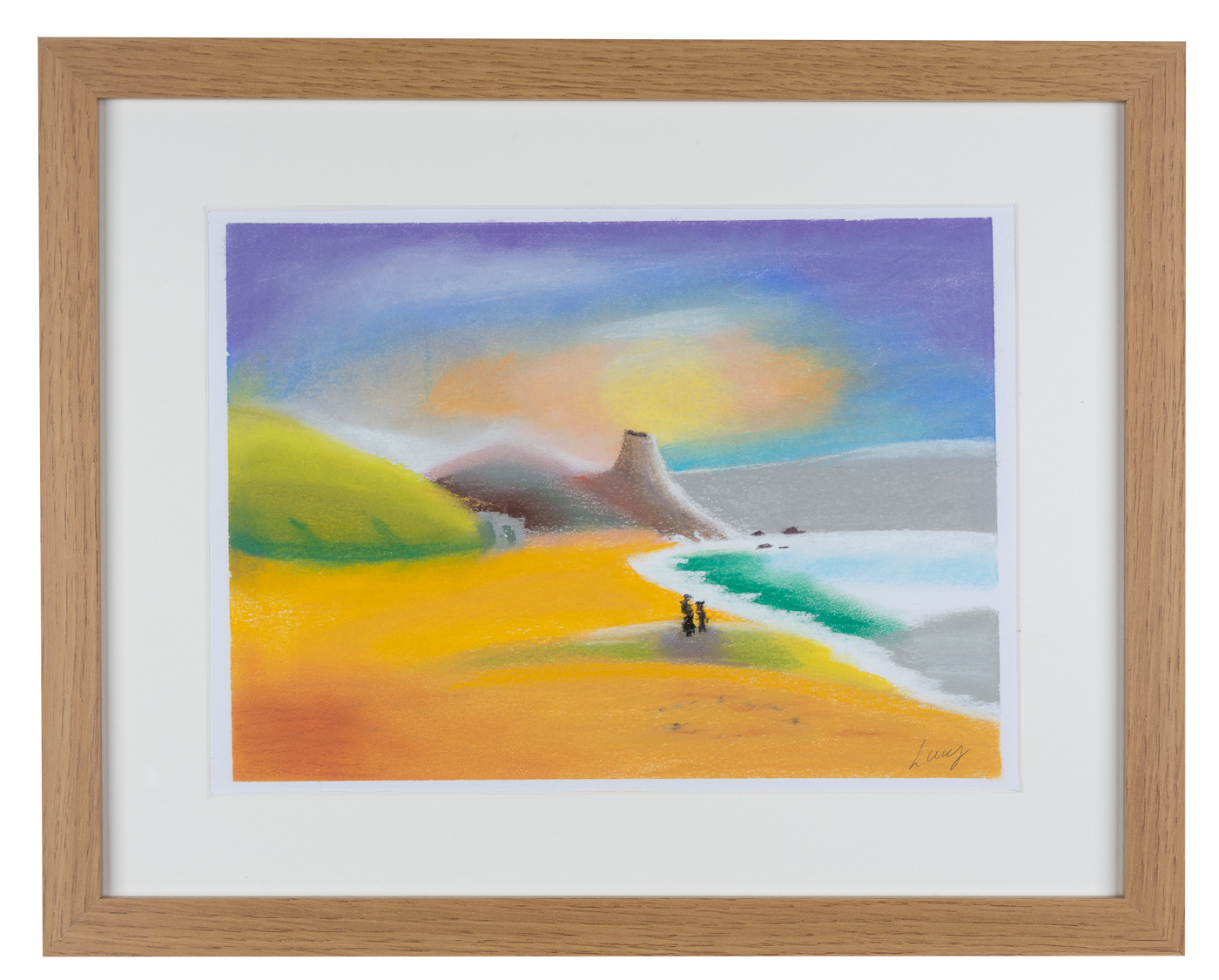 Pastel drawing with bright yellow sands, green and grey hills. Two people in the distance are walking about the wet shore
