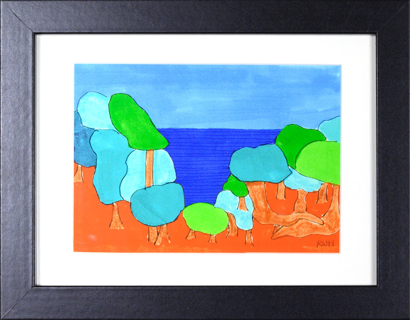 Giclee pigment print of a deep blue sea and blue sky, with orange sands and graphic tress in blue and green