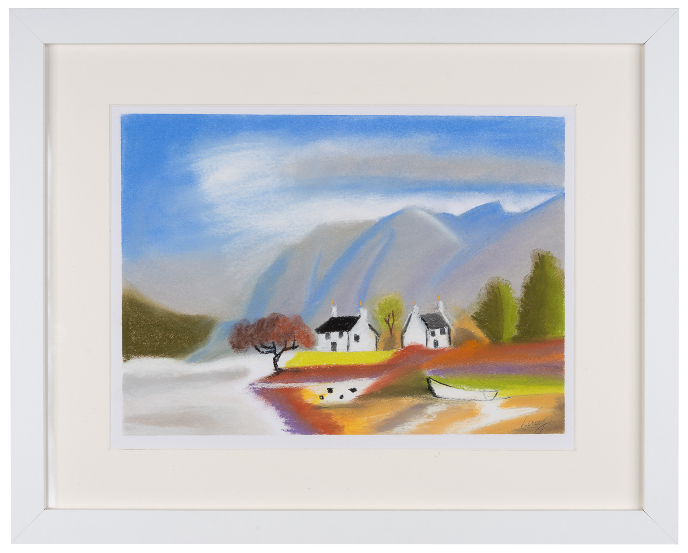 Pastel painting of two white houses and one rowing boat nestled next to a lake, in front of mountains with trees and blue and white skies
