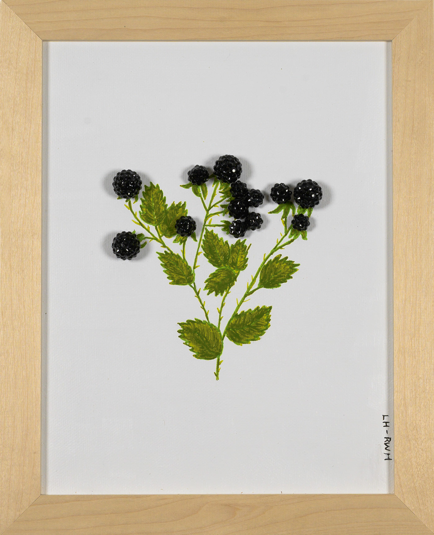Light coloured wooden frame, white canvas. Leaves and branches of a blackberry bush have been painted in green. Applied shiny black cut beads in various sizes form the berries themselves. Good enough to eat