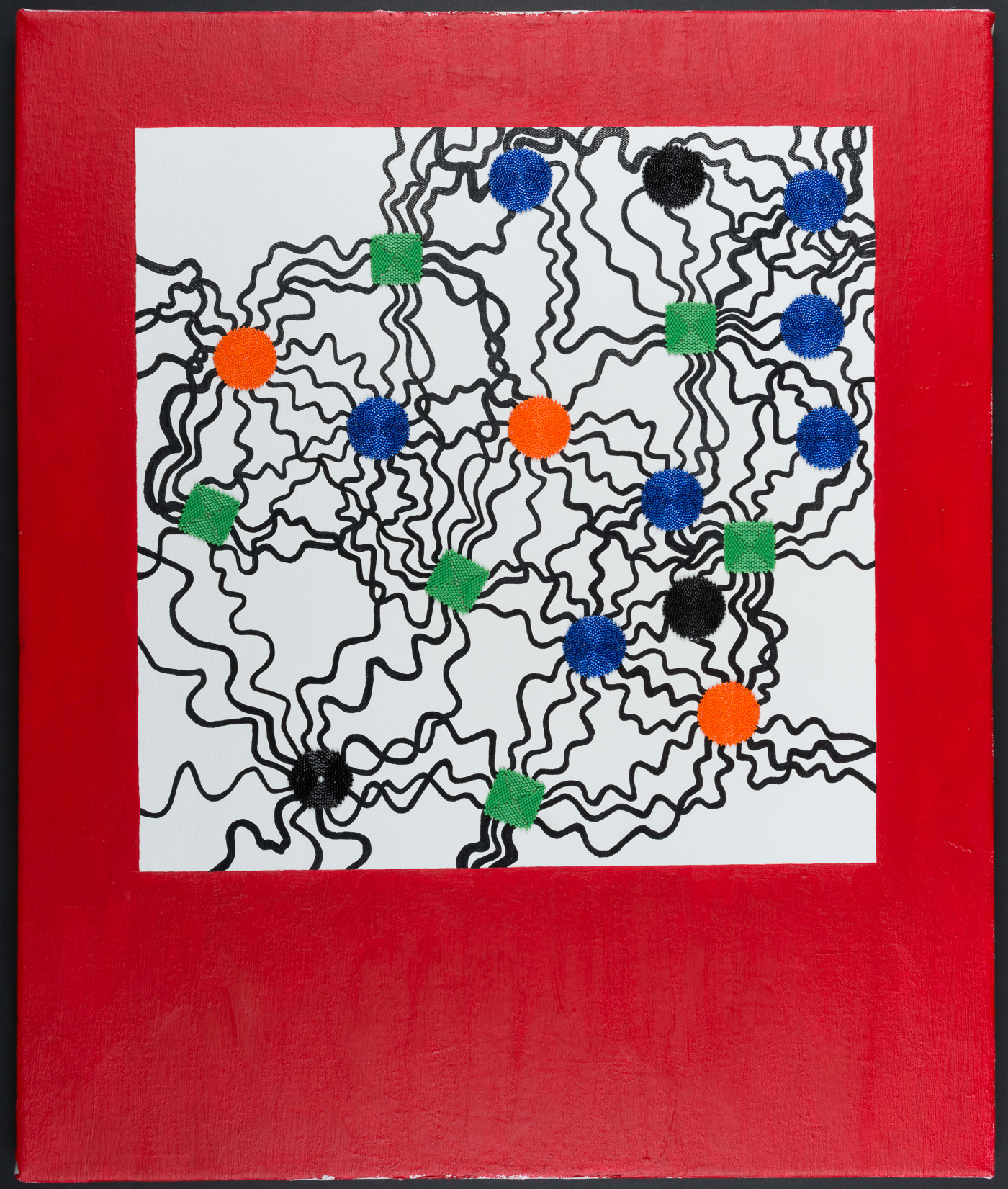 Orange, blue and black beaded circles, green beaded squares and one black beaded hexagon made using handwoven Miyuki beads are applied to a network of black acrylic lines, with a border of red acrylic. Oriental style, Japonism, black shiny frame