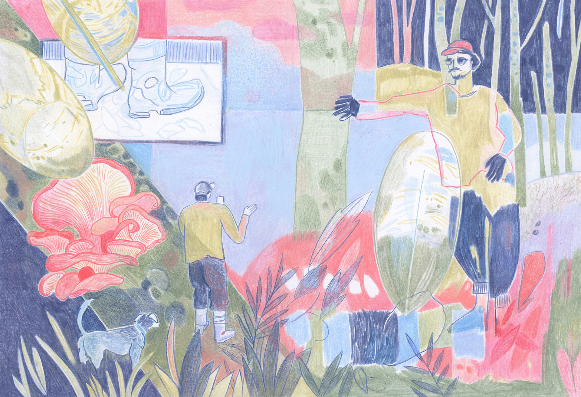 nature illustration in the jungle man working with dog and trees pink green blue boots