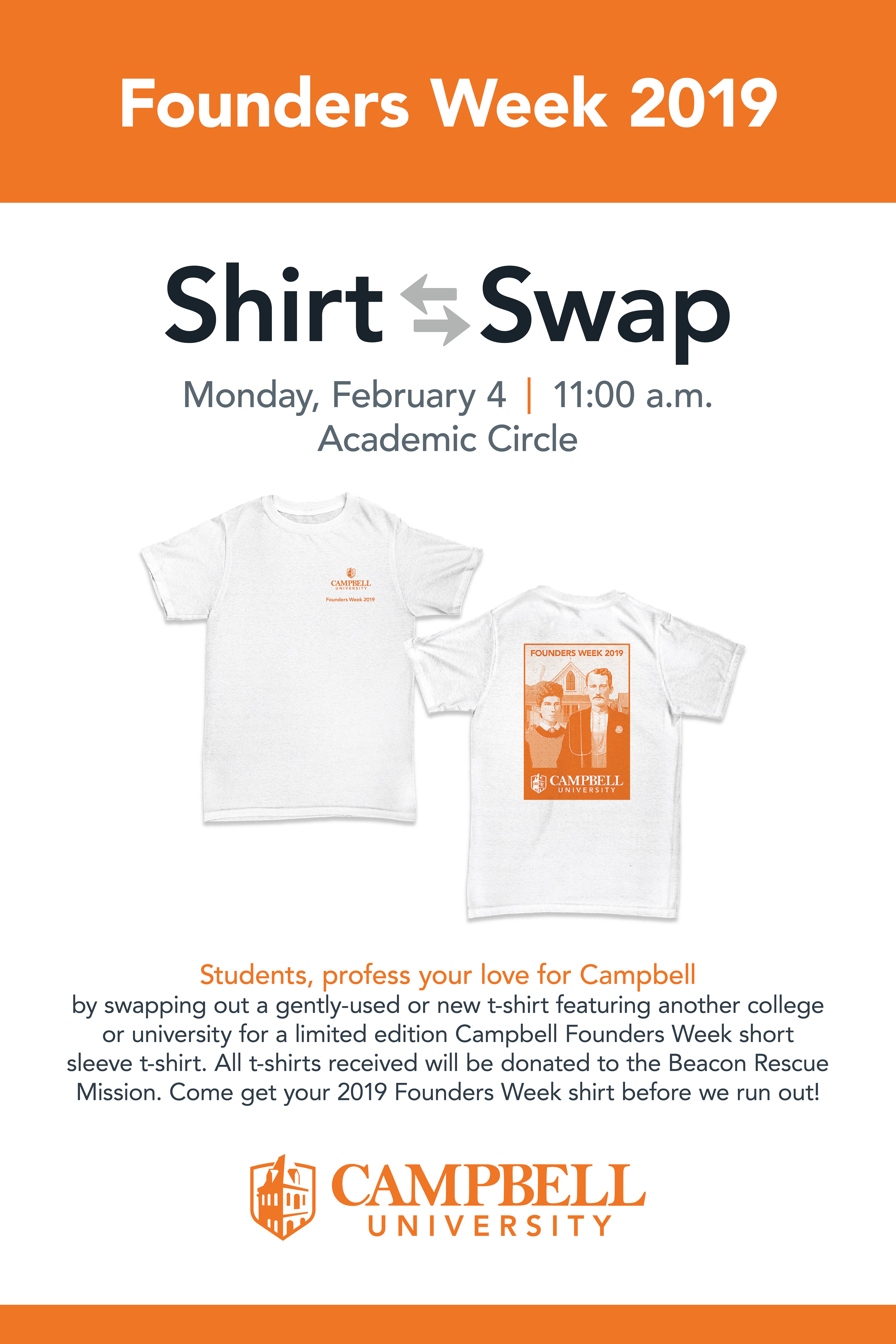 Poster for Founders Week 2019 Shirt Swap