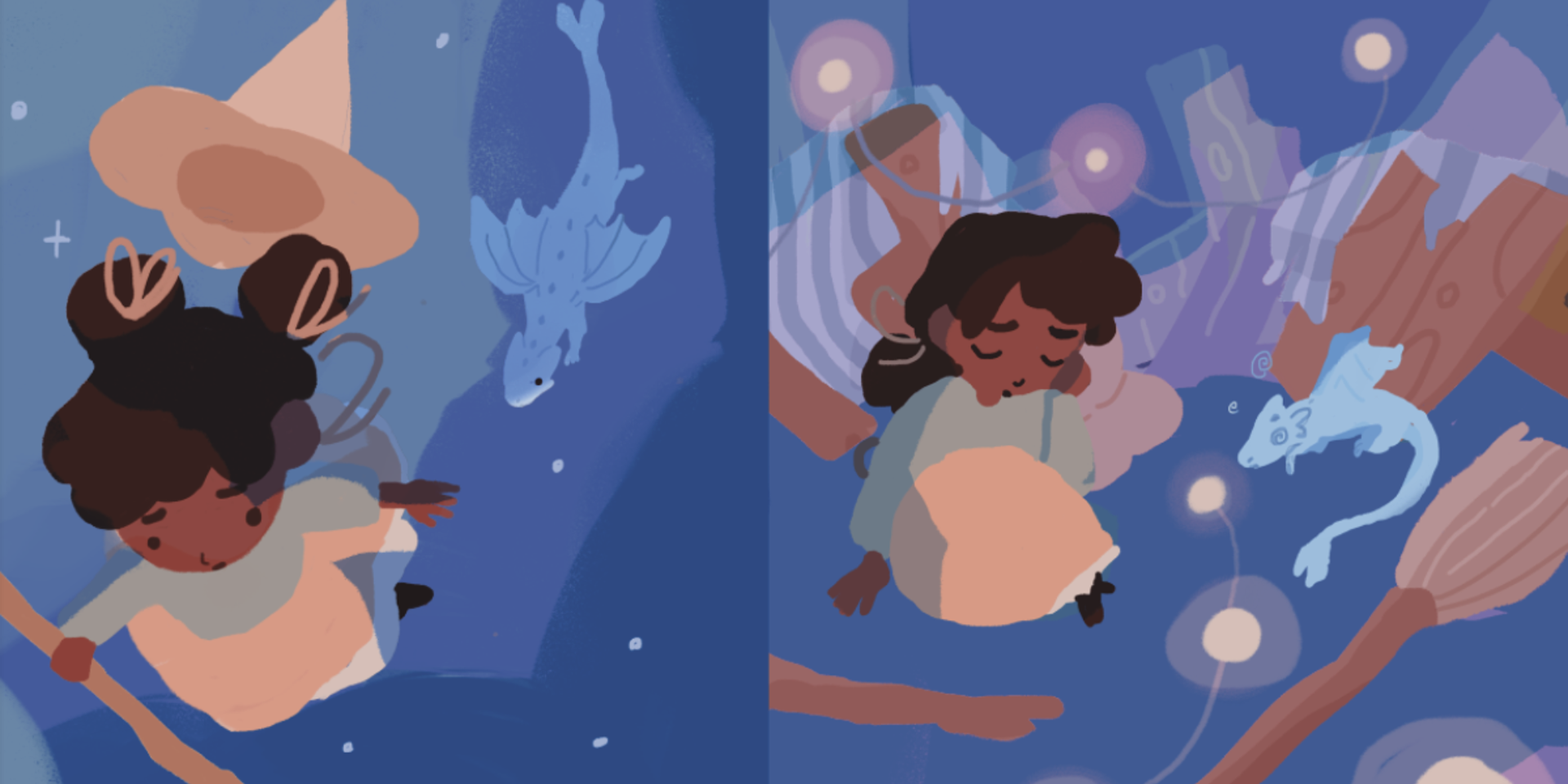 Mina and the dragon falling from her broom
