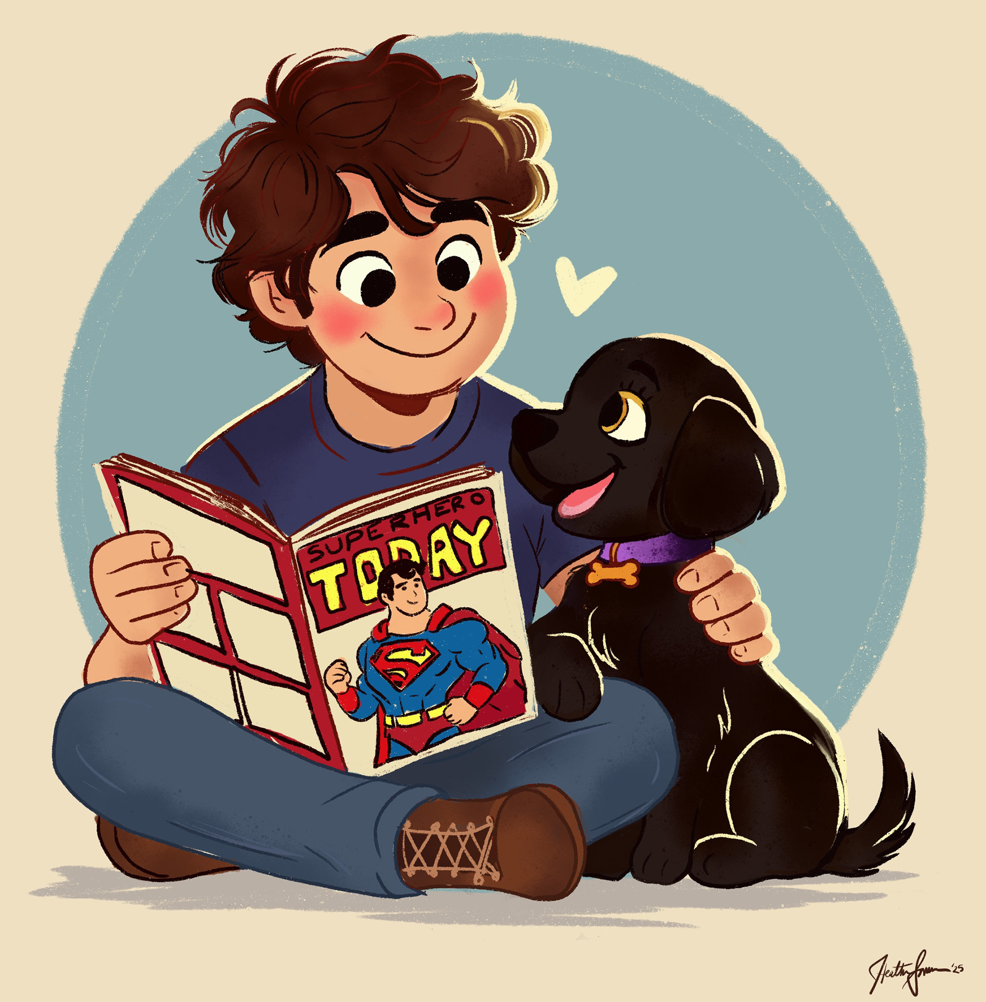 ''Boy and Dog Read Comics', Commission, 2025. Digital Illustration