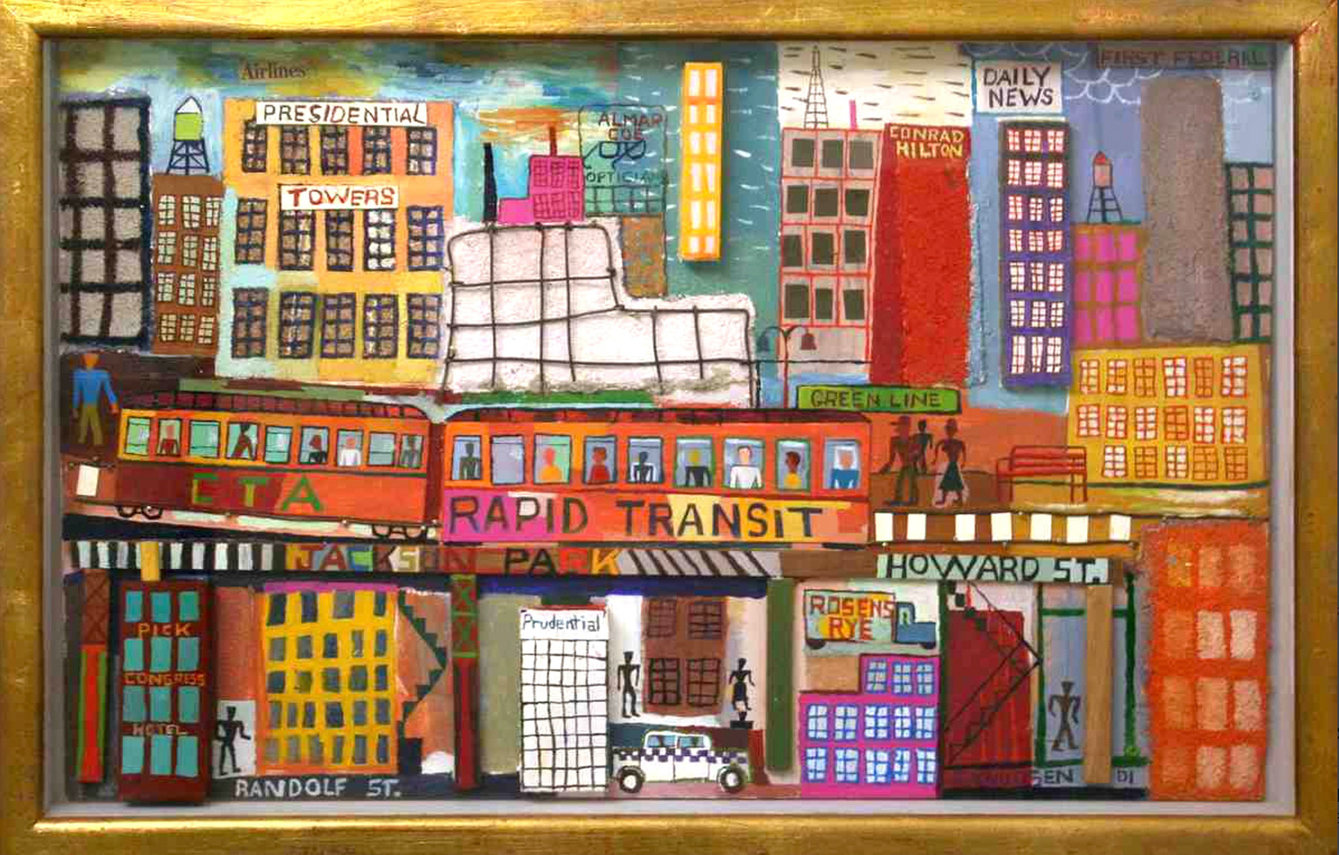 Untitled (Cityscape with El Train), 2001 Oil, sand, metal and collage on board in shadowbox frame 16.75 x 26” P01.114