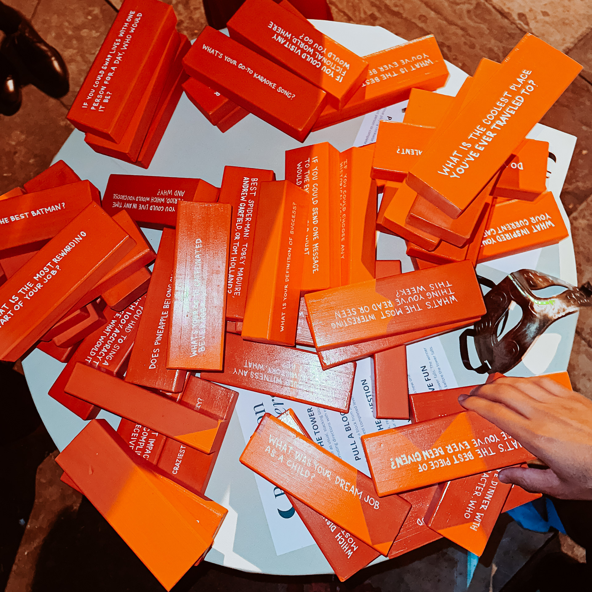 Ideated and created a Jenga Icebeaker Game, painting and writing on each block.