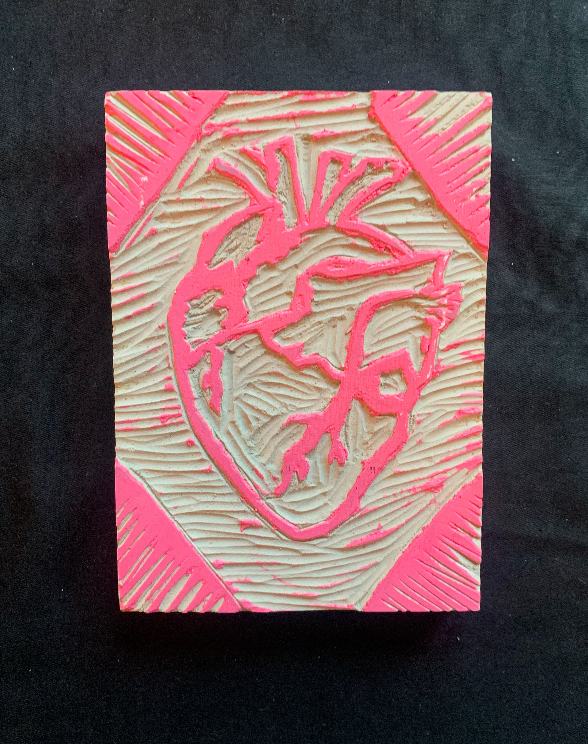 "Backwards Heart," Carved Linoleum Board with pink ink, 5 x 7 in, 2024