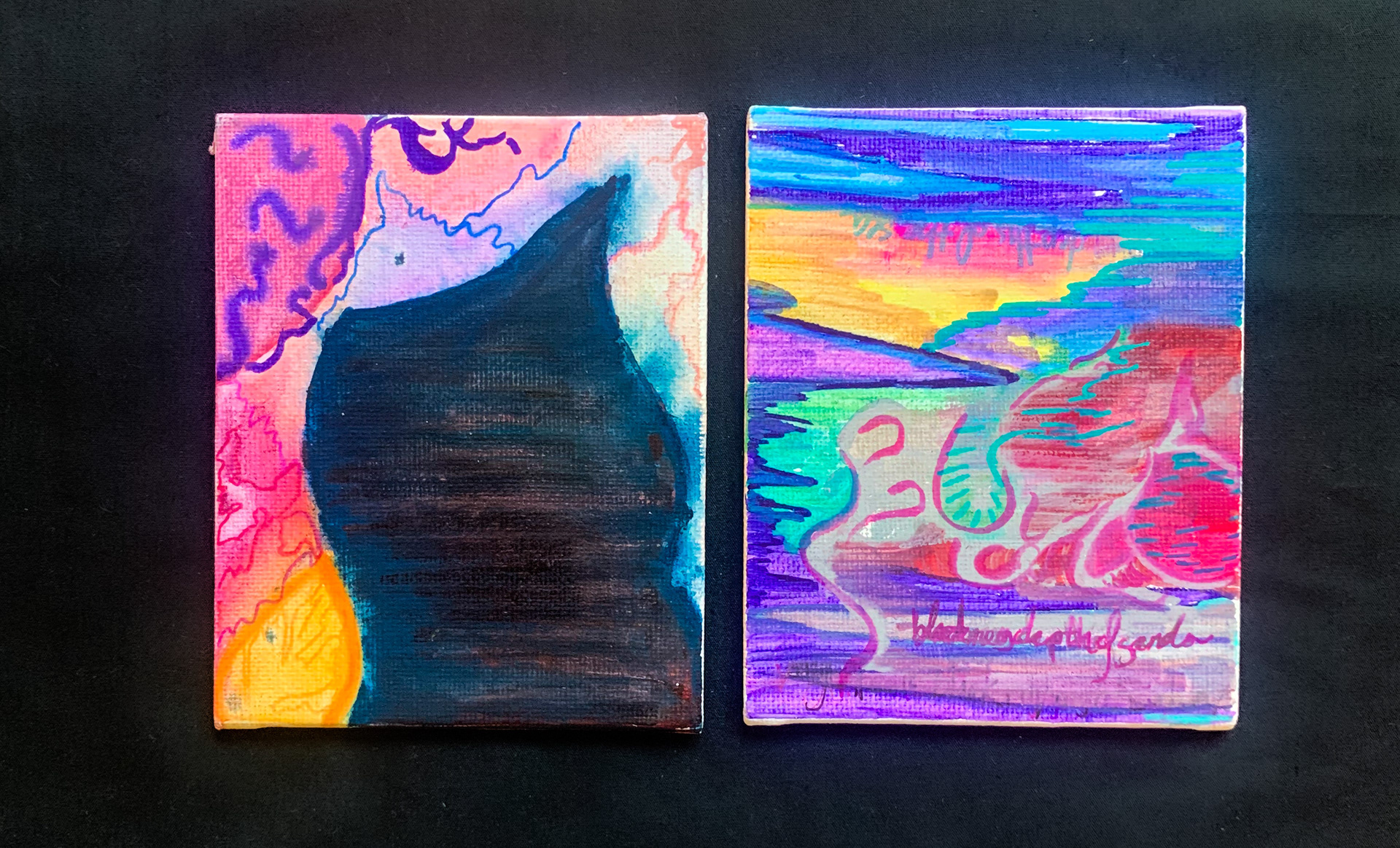"Black Mass," acrylic painting and pen on canvas, (2) 2 x 3 in, 2024