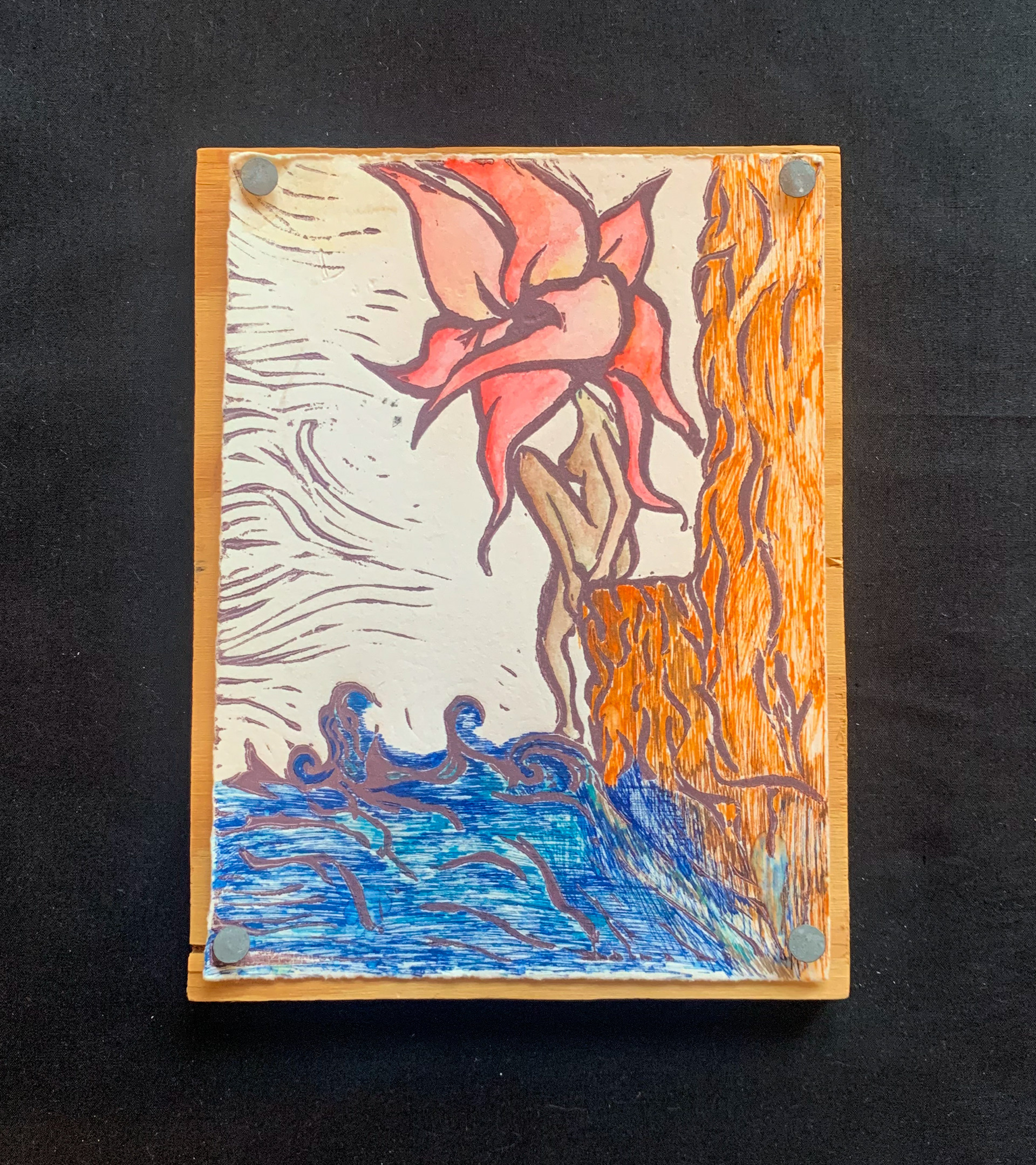 "Against the Wind," lino print with watercolor, color pencil, and ink fill in, 5 x 7 in, 2017