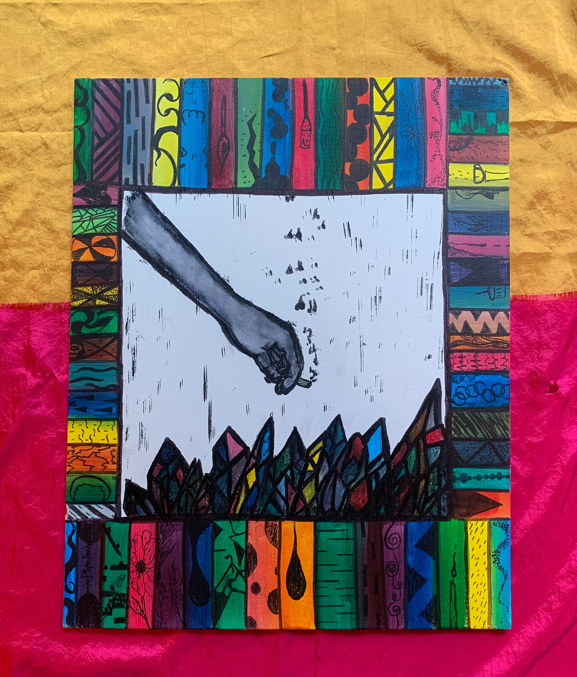 "It's a habit (print)," lino print with marker and watercolor fill in, 16 x 20in, 2021
