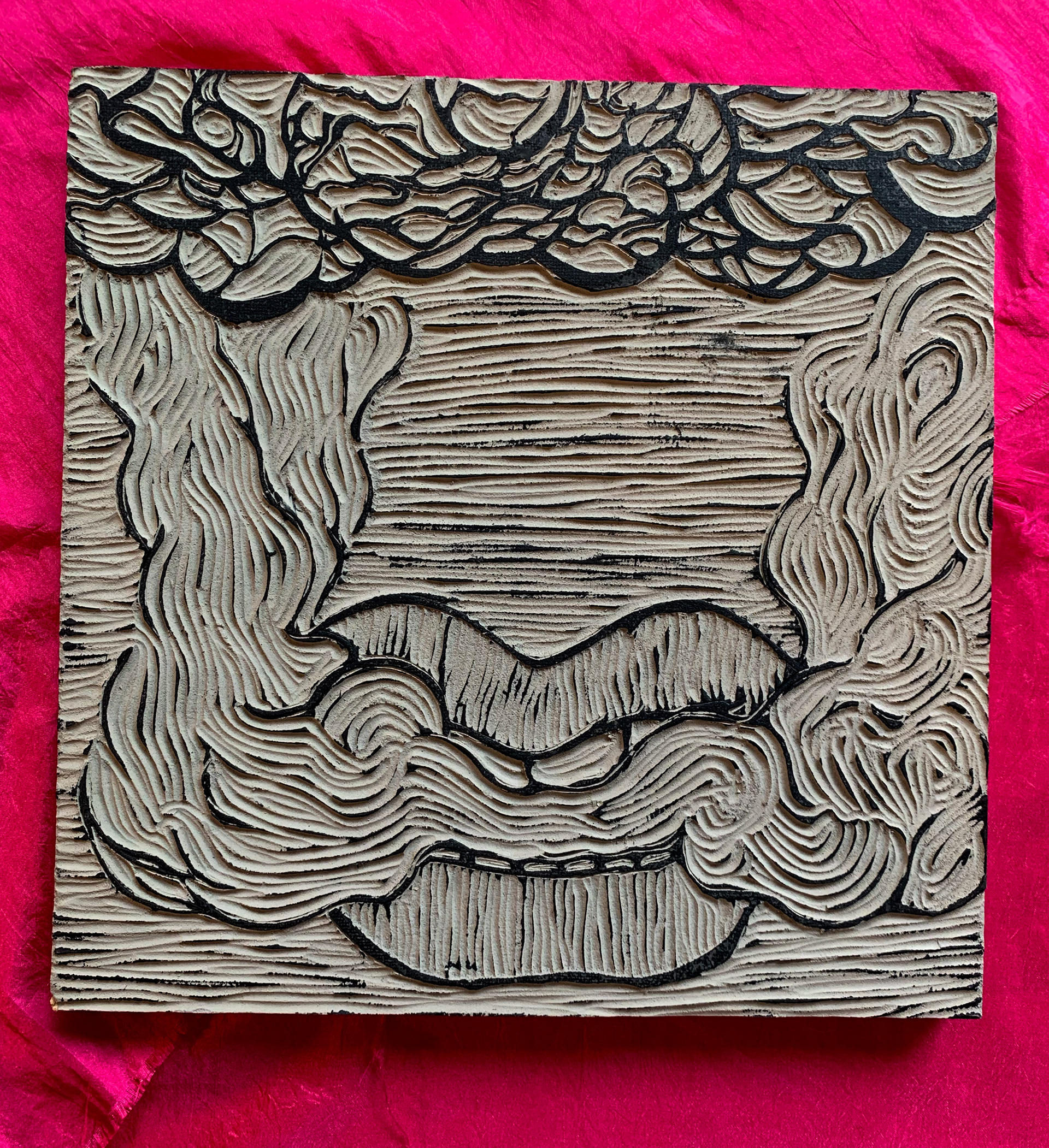 "That I loved," carved linocut board with black ink, 18 x 24in, 2021