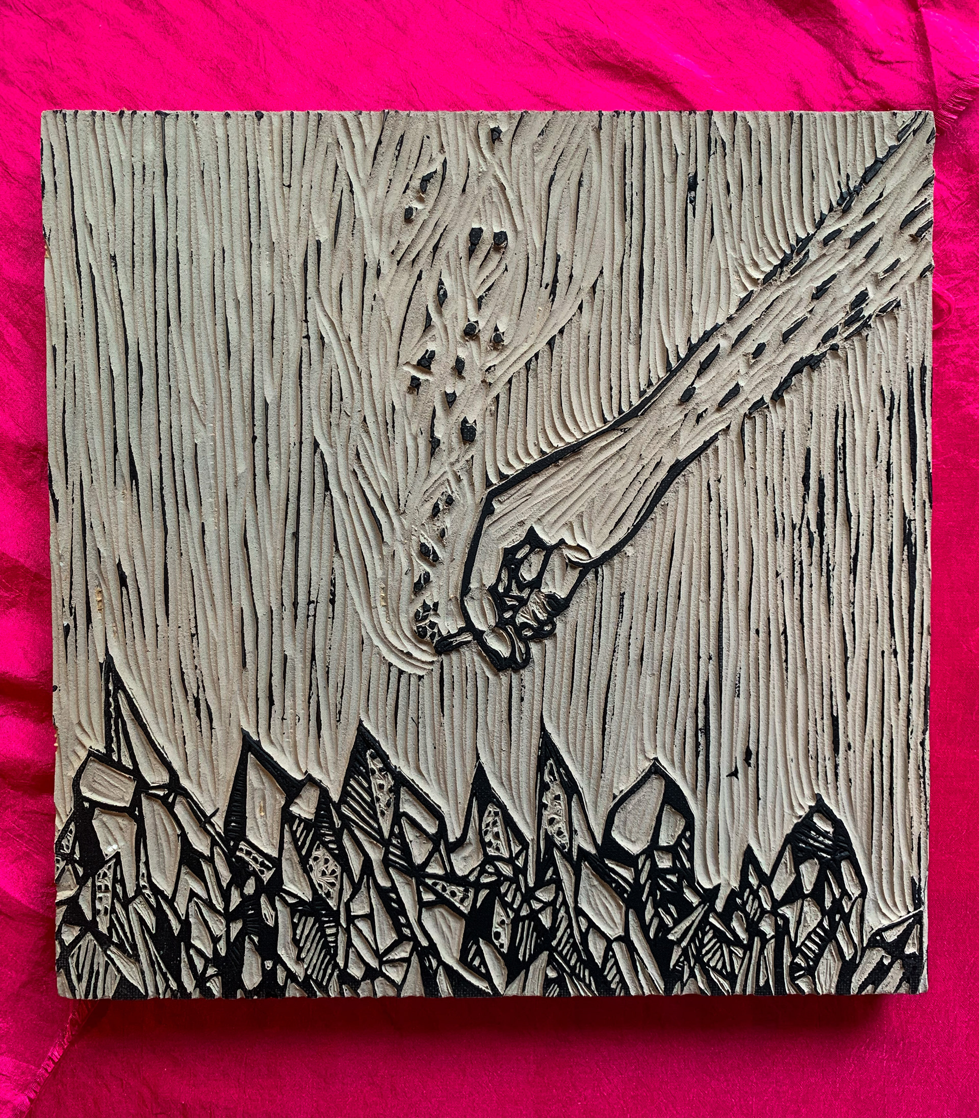 "It's a habit," carved linocut board with black ink, 18 x 24in, 2020