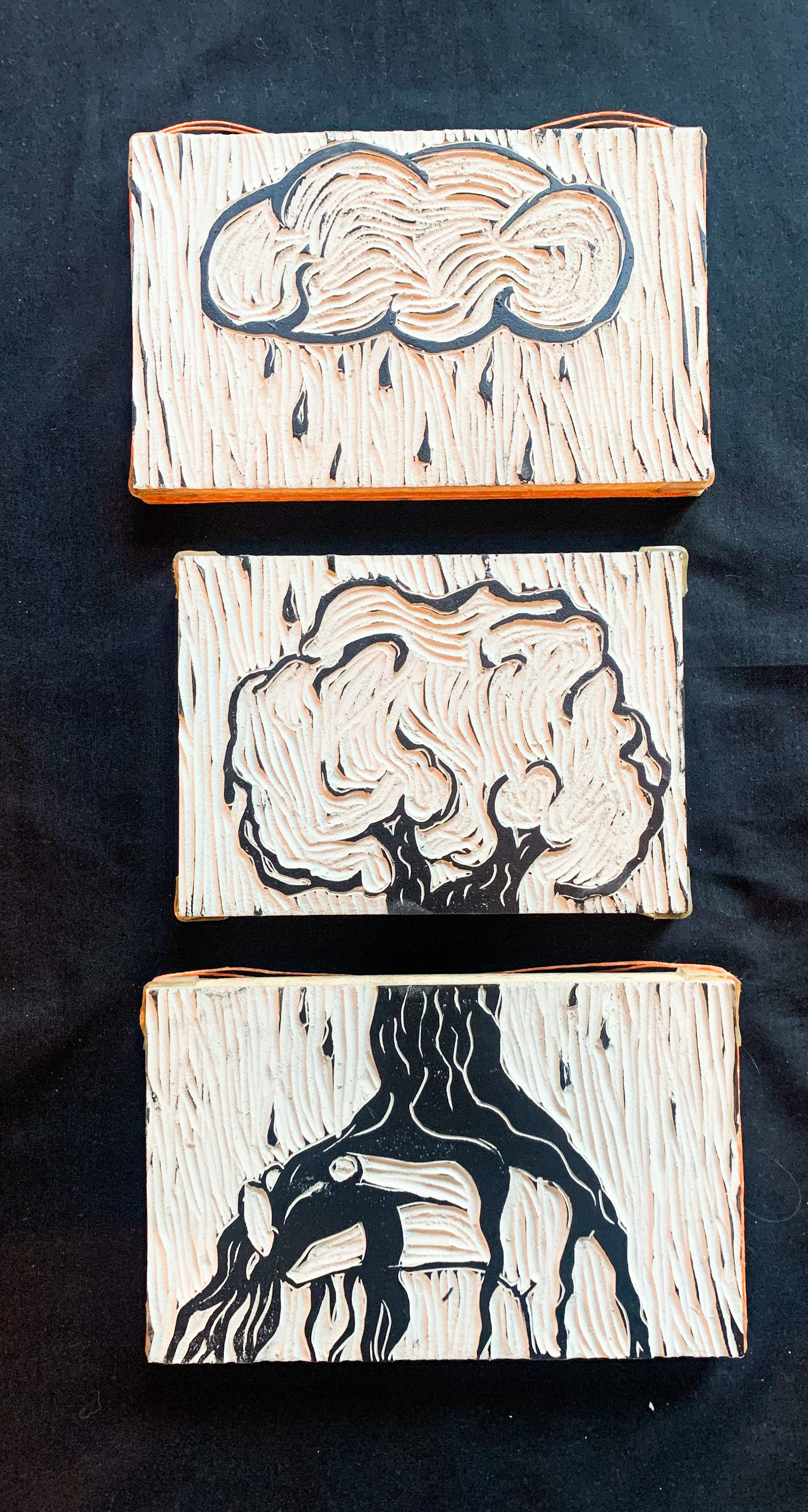 "For Hatoon," 3 panel lino cut board with ink. 2024