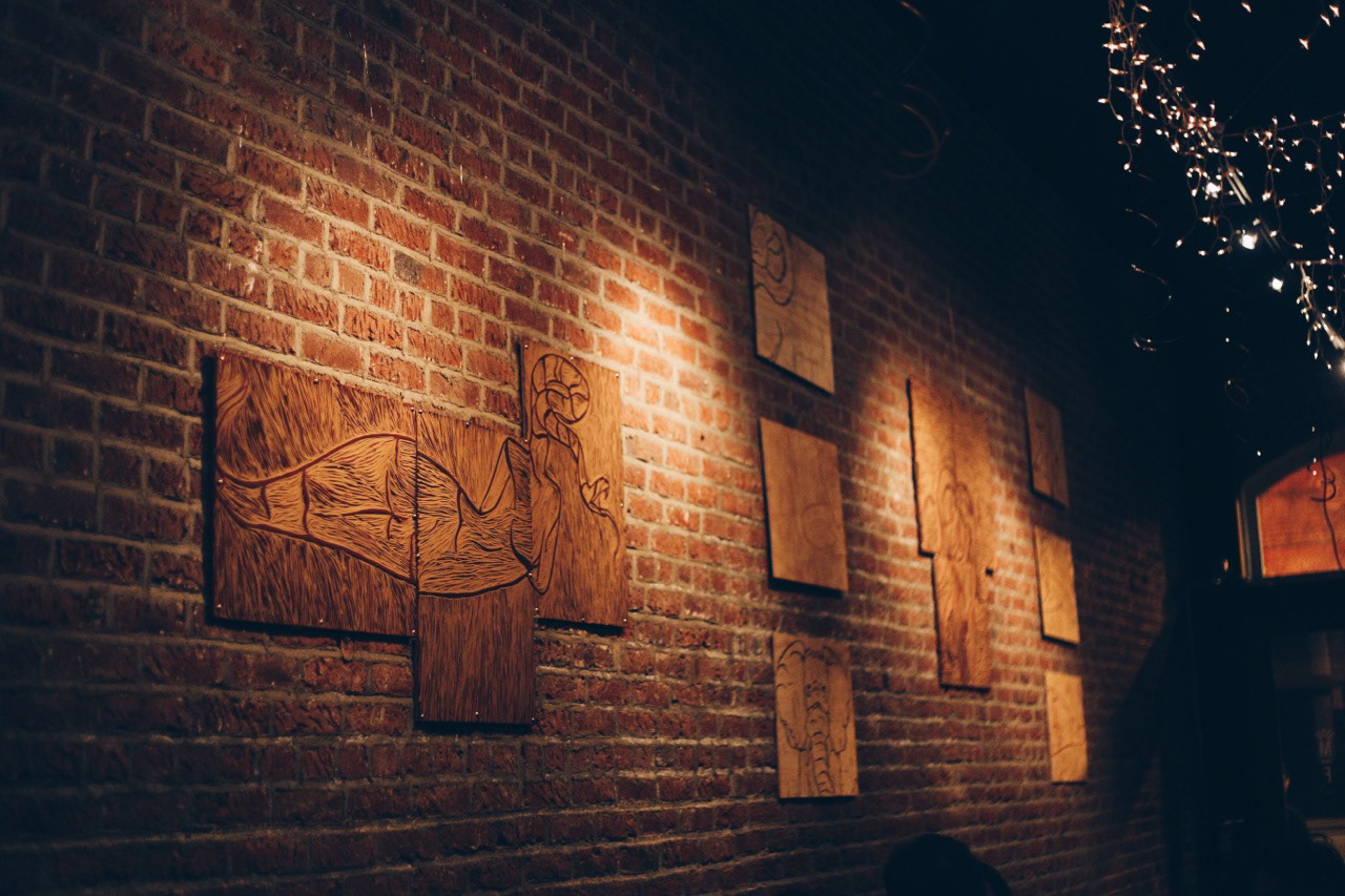 "She Who Devours Flesh" and "She Who Confronts" on The Manifest Wall. Photograph Courtesy of Devon Uehara-Tilton