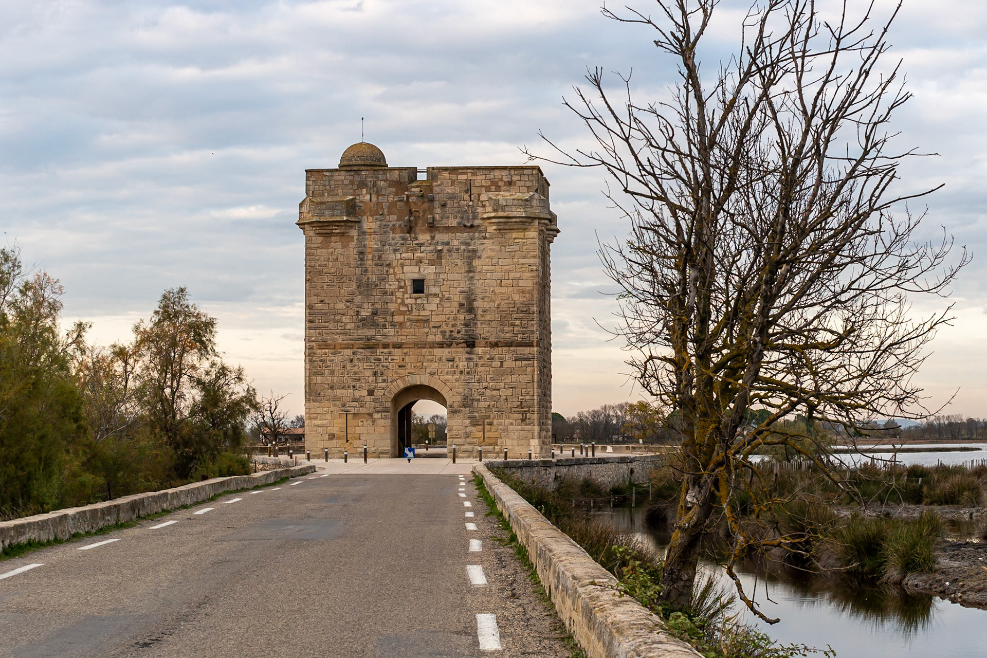 Dressée sur la seule voie terrestre conduisant a la vile d'Aigues-Mortes. la tour Carbonniere a très vite abrité un peage: hommes. animaux etmarchandises qui entraient ou sortaientde la ville devaient s'acquitter d'unetaxe dont étaient exemptés les Aigues-Mortais et les moines de l'abbaye voisinede Psalmodi.