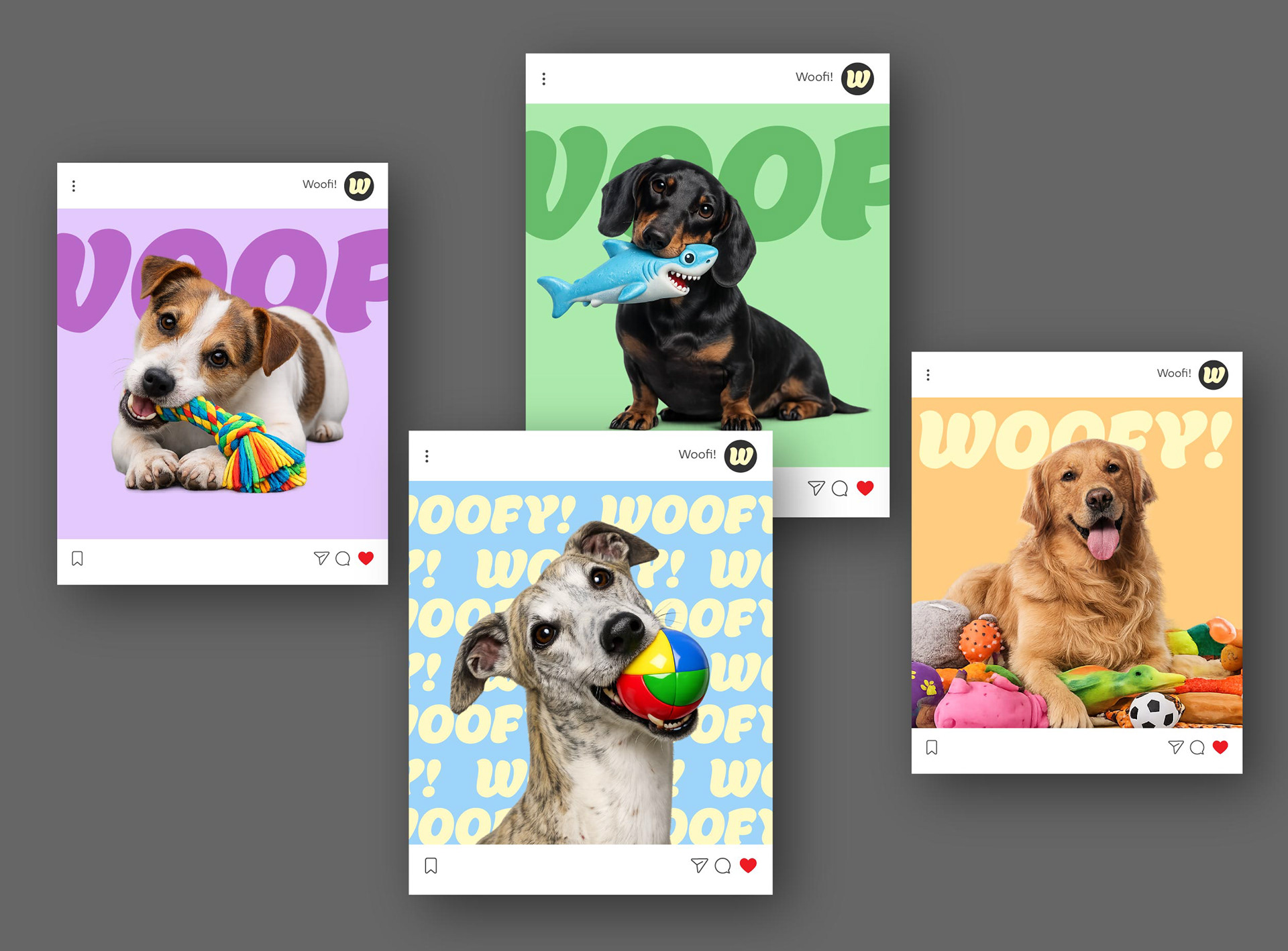 עיצוב פוסטים לרשתות חברתיות למותג צעצועים לכלבים WOOFI!