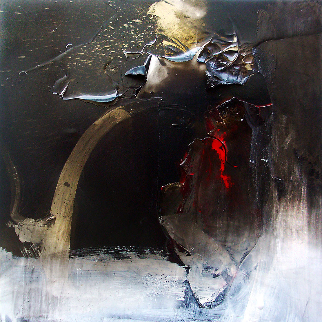 Child of Romulus #3 – Fire, acrylic, and resin on aluminum and wood panel. 16 x 16 in.
