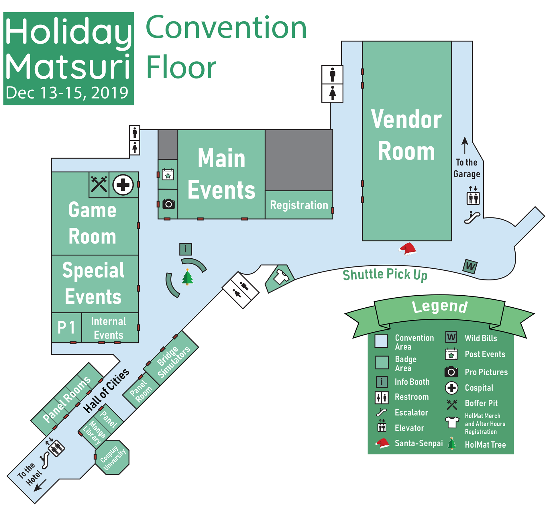 Made from scratch in Illustrator. Posted in con guide, on con website, con app, and on social media