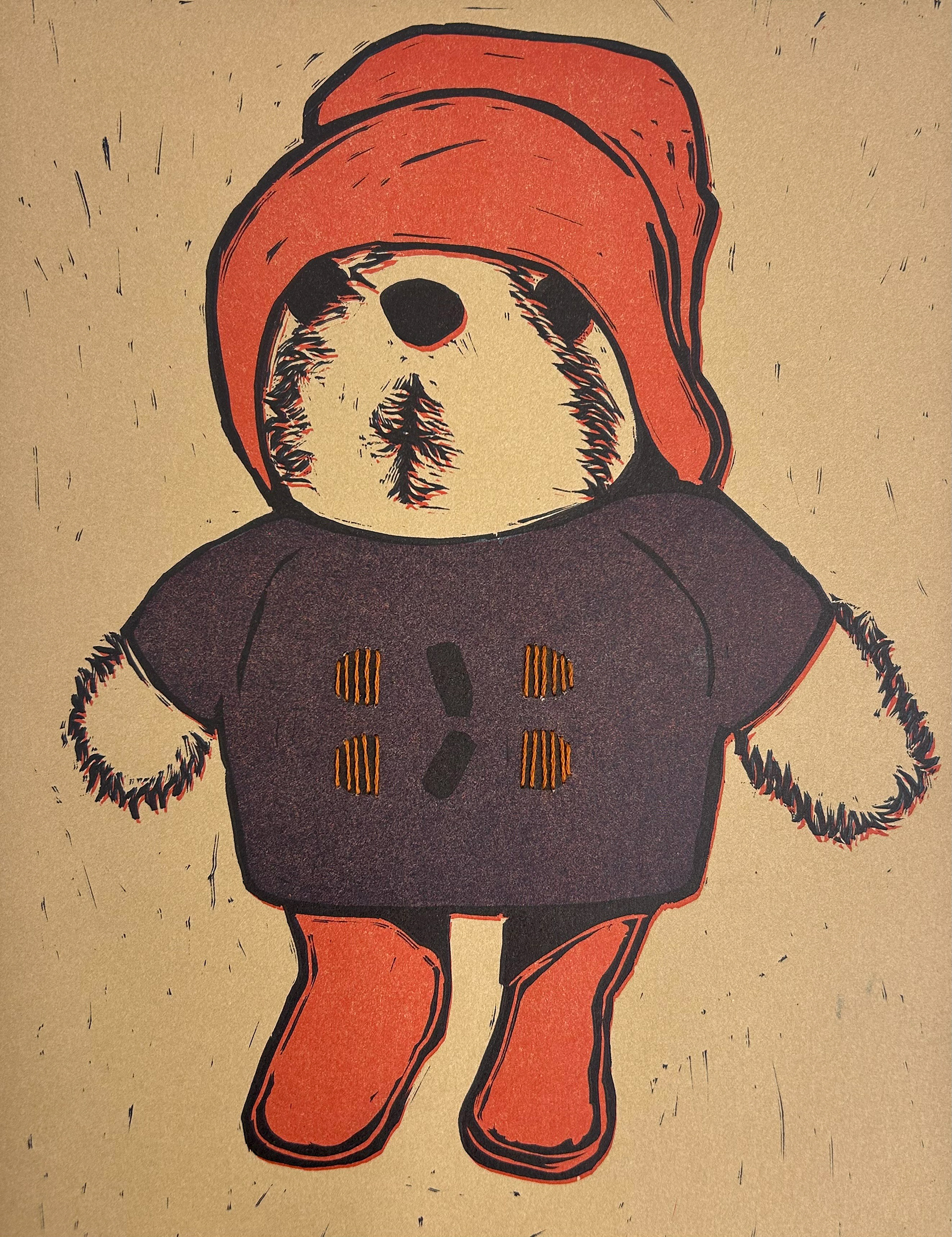 My Paddington Bear, 2024, Reduction Linocut and embroidery on paper, 9"x12"
