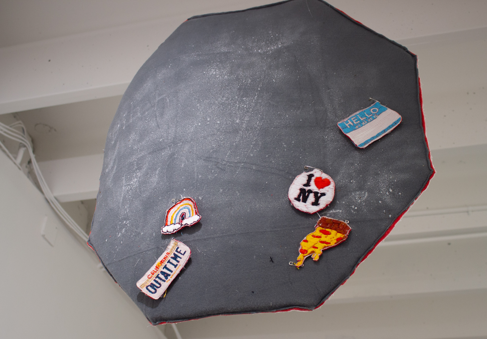 "Gentle Warning" Felt, cotton, charcoal, embroidered patches, April 2024
