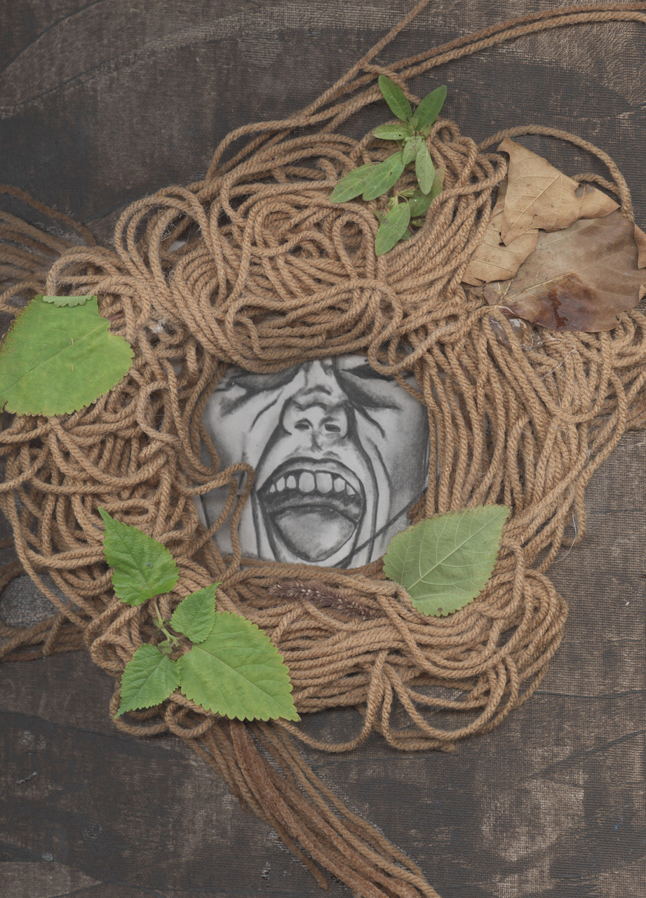 “Trichophobia” Charcoal, yarn, and found objects, 16x20” 2021