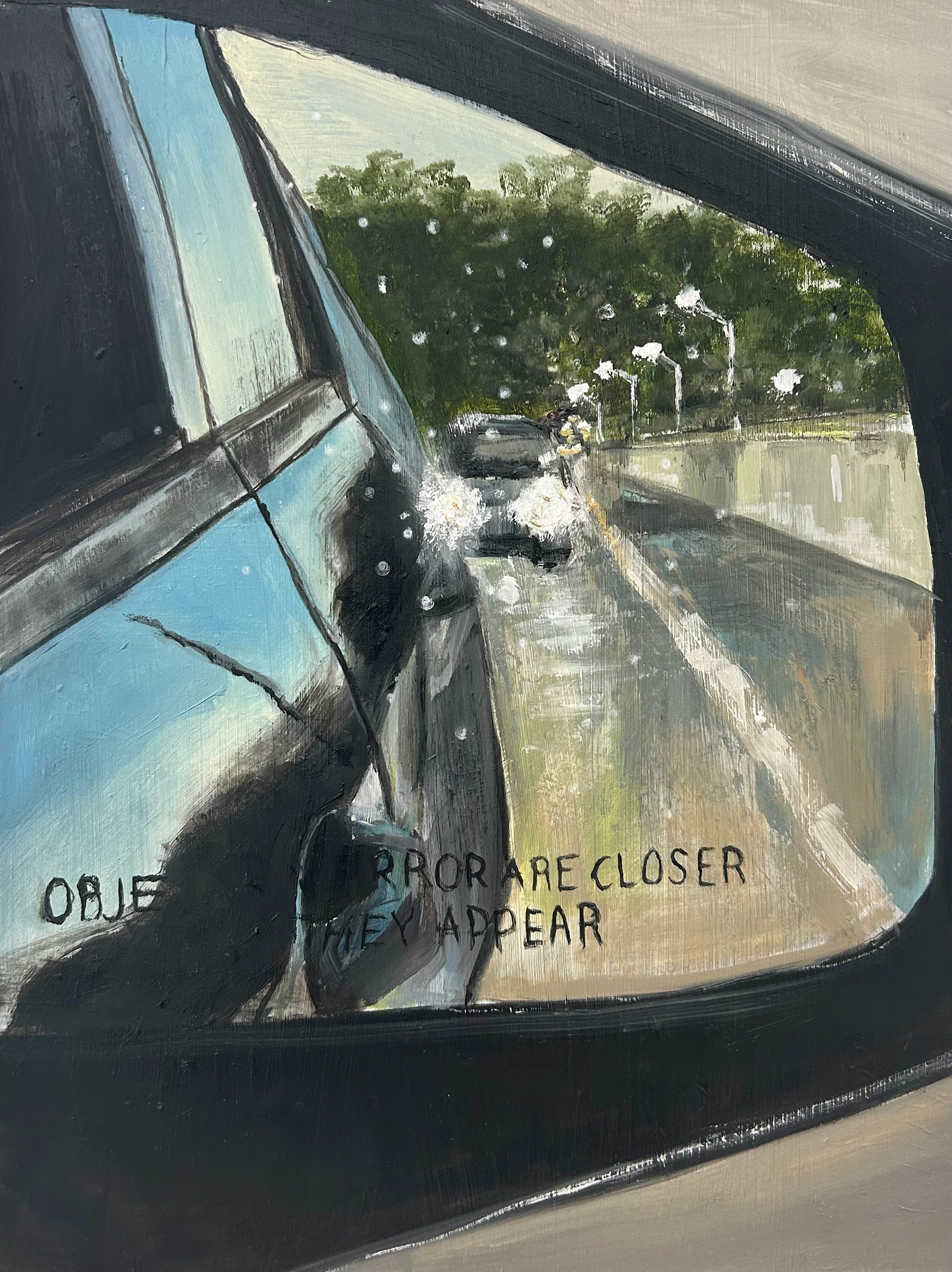 OBJECTS IN THE MIRROR ARE CLOSER THAN THEY APPEAR, 2023, Oil on wood panel, 12"x16"