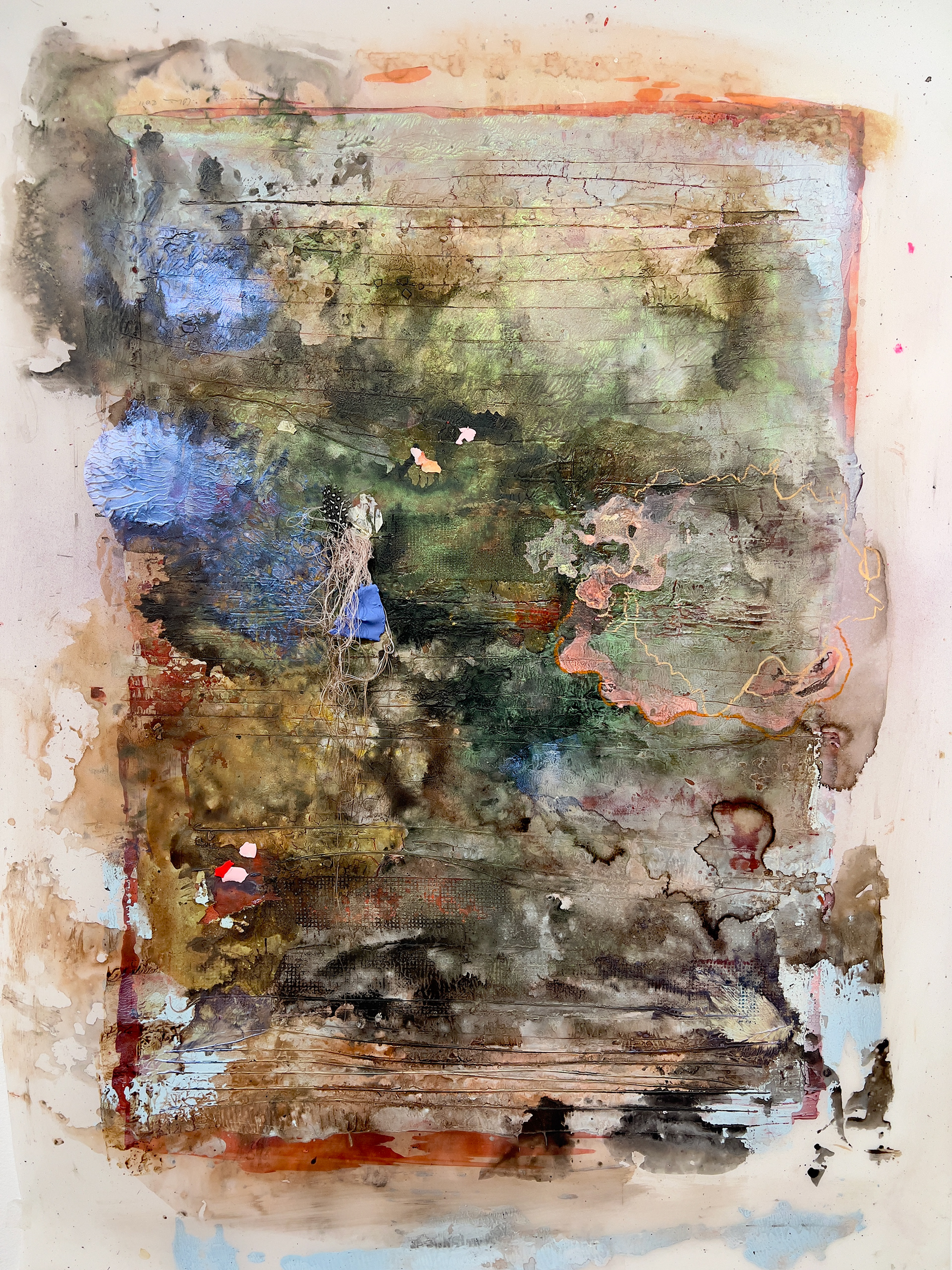 'Build it Up' 2024 _28"x40"  Acyrilic, pencil, thread, guinea fowl feather on Dura Lar