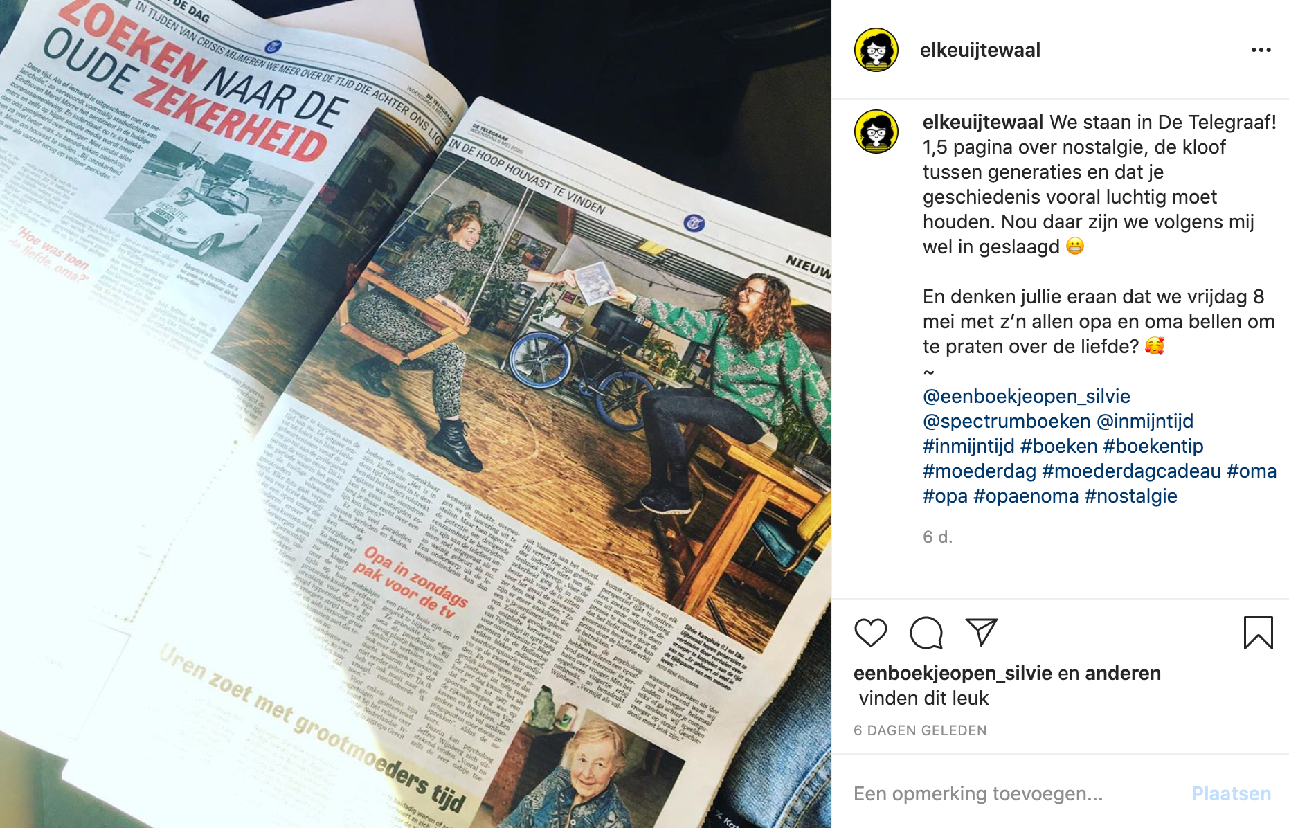 screenshot instagram post artikel In mijn tijd in de telegraaf