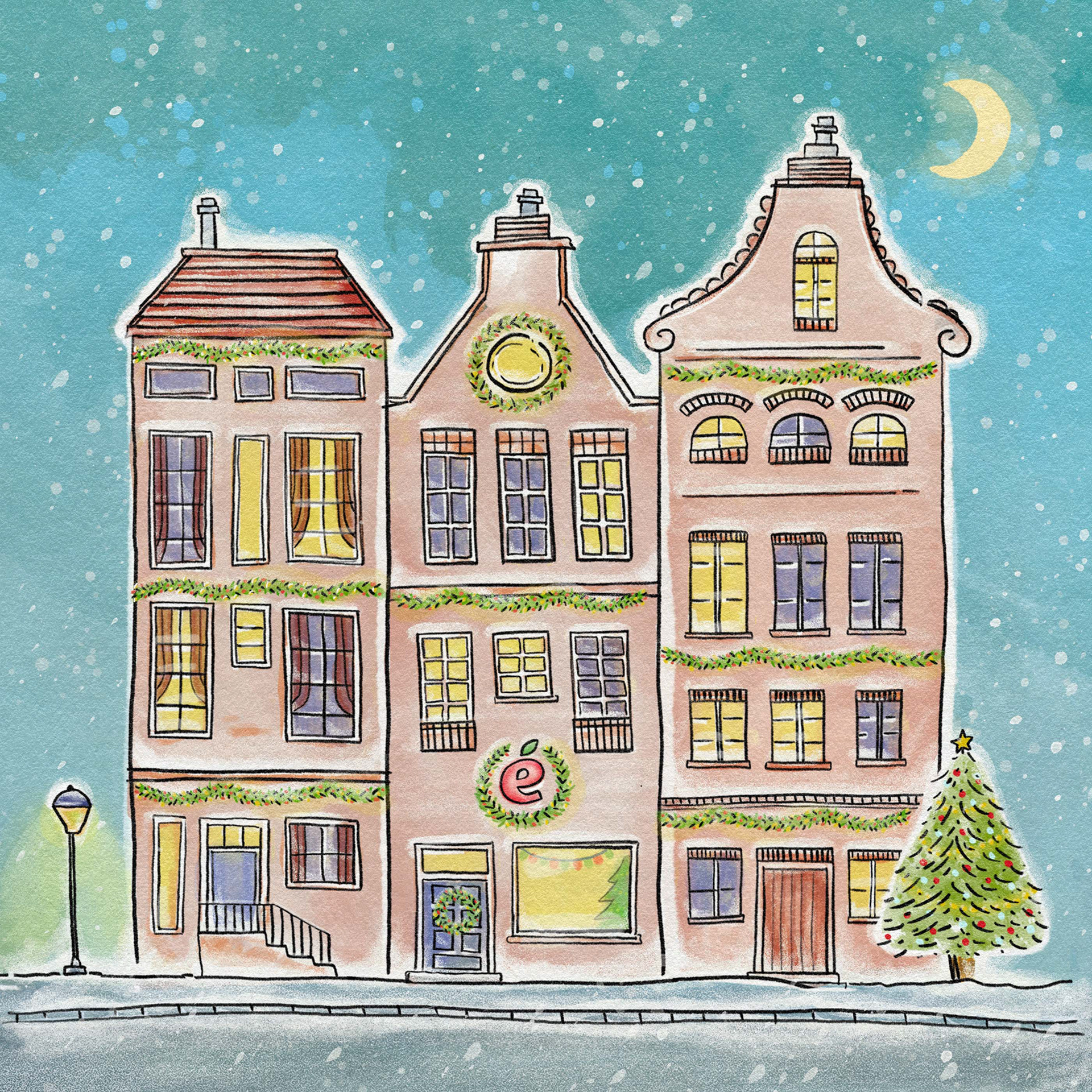 illustratie kerstkaart straat