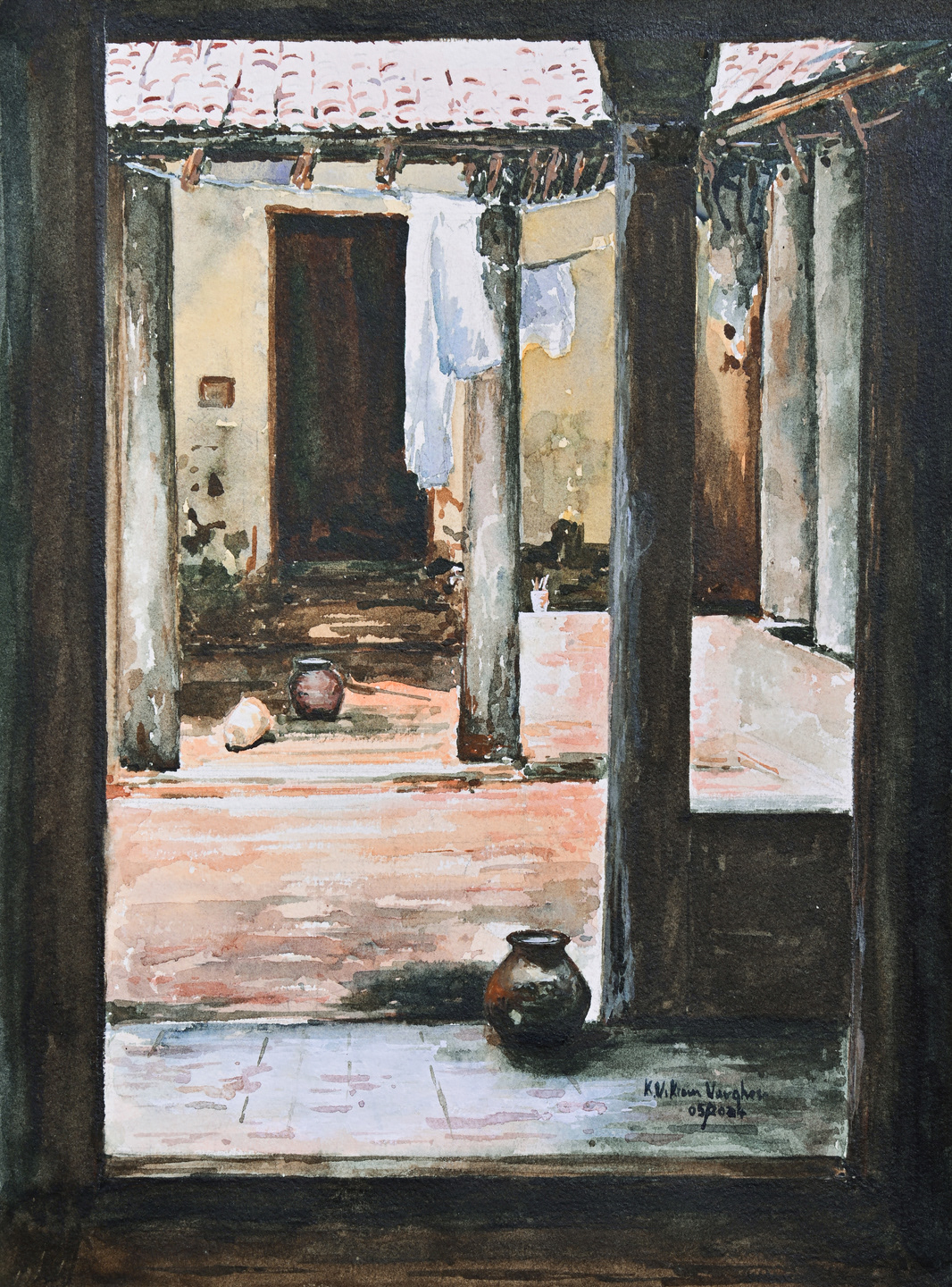 Artwork #KV - 97 | Title: Open Courtyard, South Indian Traditional Home | Dimension: 14 1/ 2' x 11 inches | Medium: Water Colour