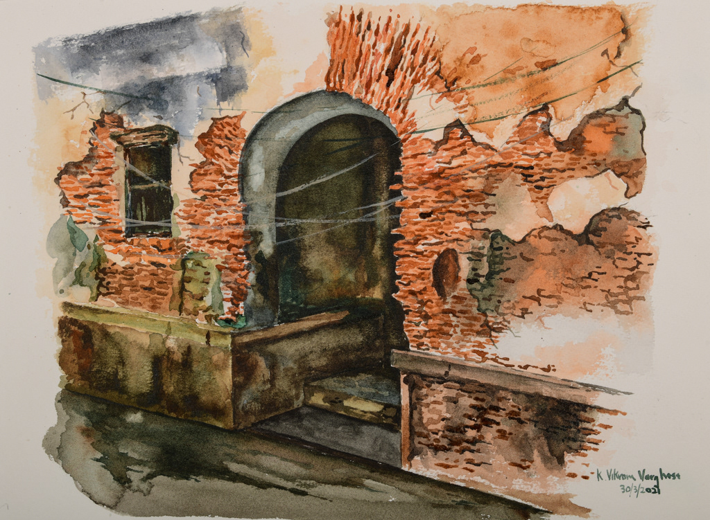 Artwork #KV-10 | Title: Abandoned lane, Varanasi | Dimension: 10 1/2 x 14 inches | Medium: Water Colour