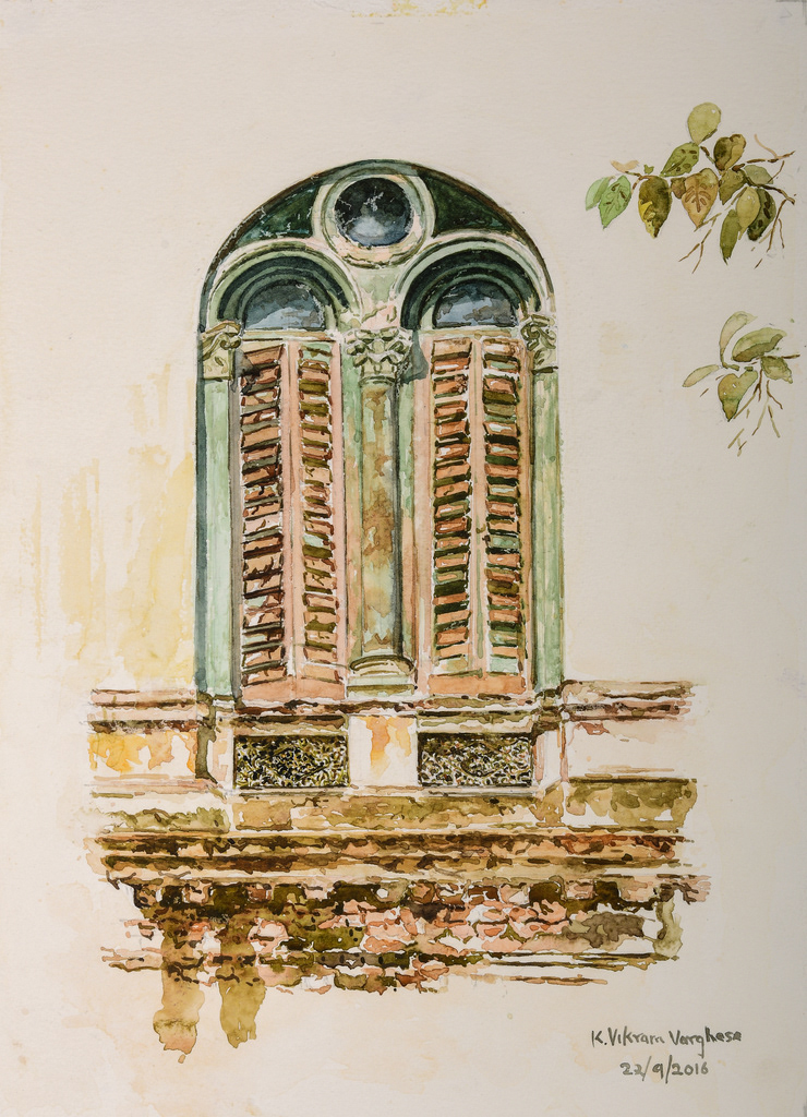 Artwork #KV-30 | Title: Colonial styled windows from Kolkata, India | Dimension: 10 1/ 4 x 12 1/2 inches | Medium: Water Colour