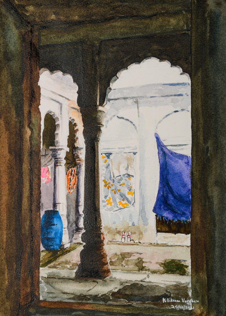 Artwork #KV-35 | Title: Open court yard, Varanasi, India | Dimension: 10 1/2 x 14 inches | Medium: Water Colour