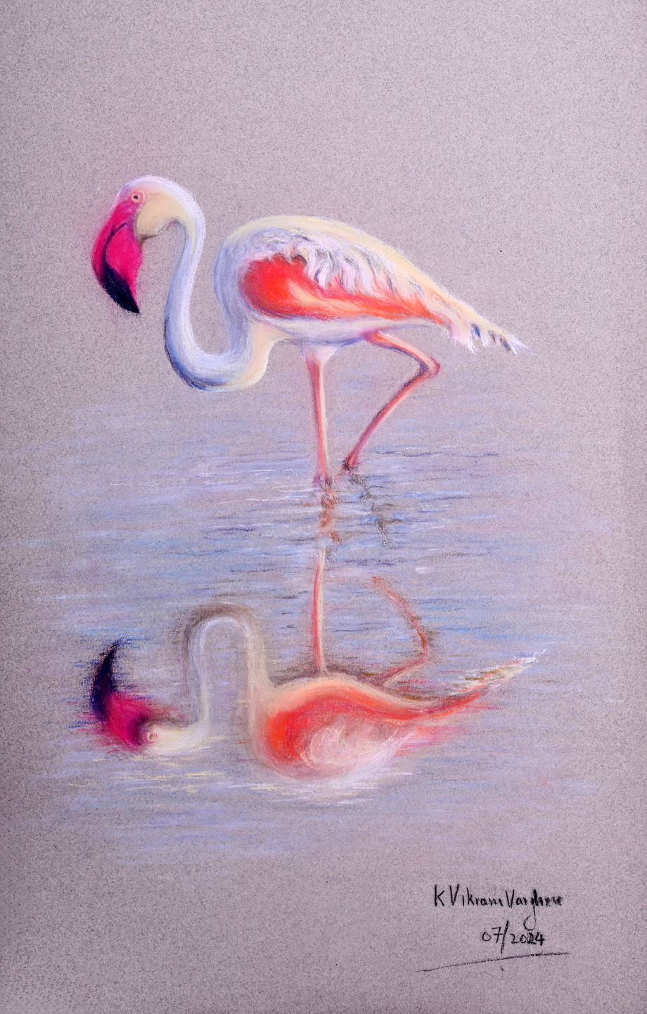 Artwork #KV - 100 | Title: Flamingos | Dimension: 20' x 12 inches | Medium: Pastels