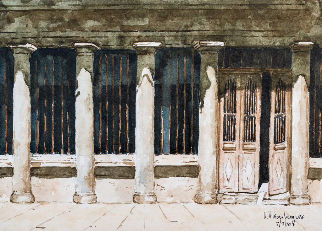Artwork #KV-57 | Title: Columns, Mylapore, Chennai | Dimension: 14 1/2 x 10 1/2 inches | Medium: Water Colour