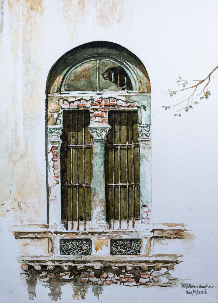 Artwork #KV-75 | Title: Arched colonial styled windows, Kolkata, India | Dimension: 10 1/2 x 14 inches | Medium: Water Colour