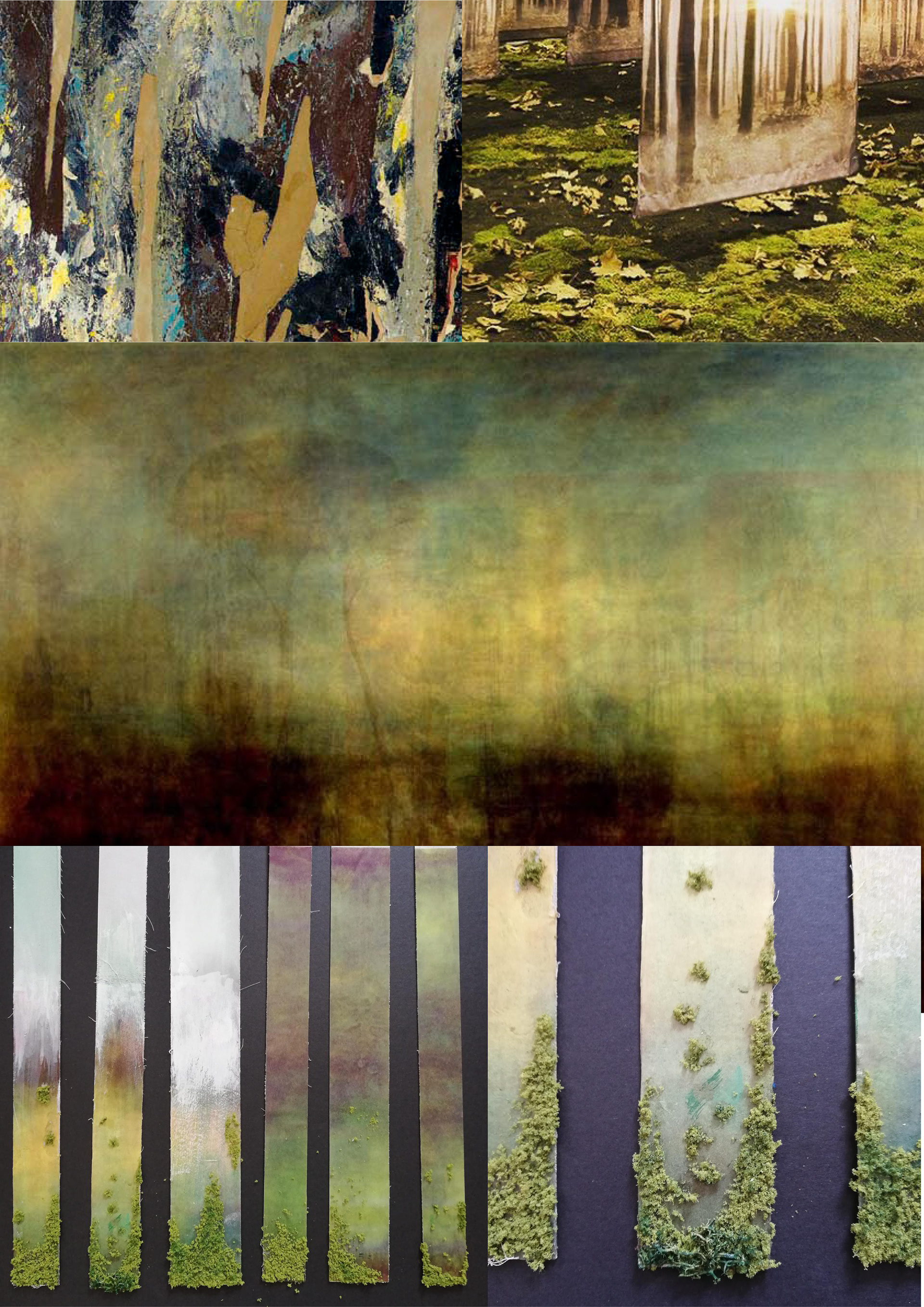 The final drapes drew on lee krasner, carla almansa and idris khan. these are translucent painted cloths that have moss climbing up at the bottom. They raise in and out of the space.