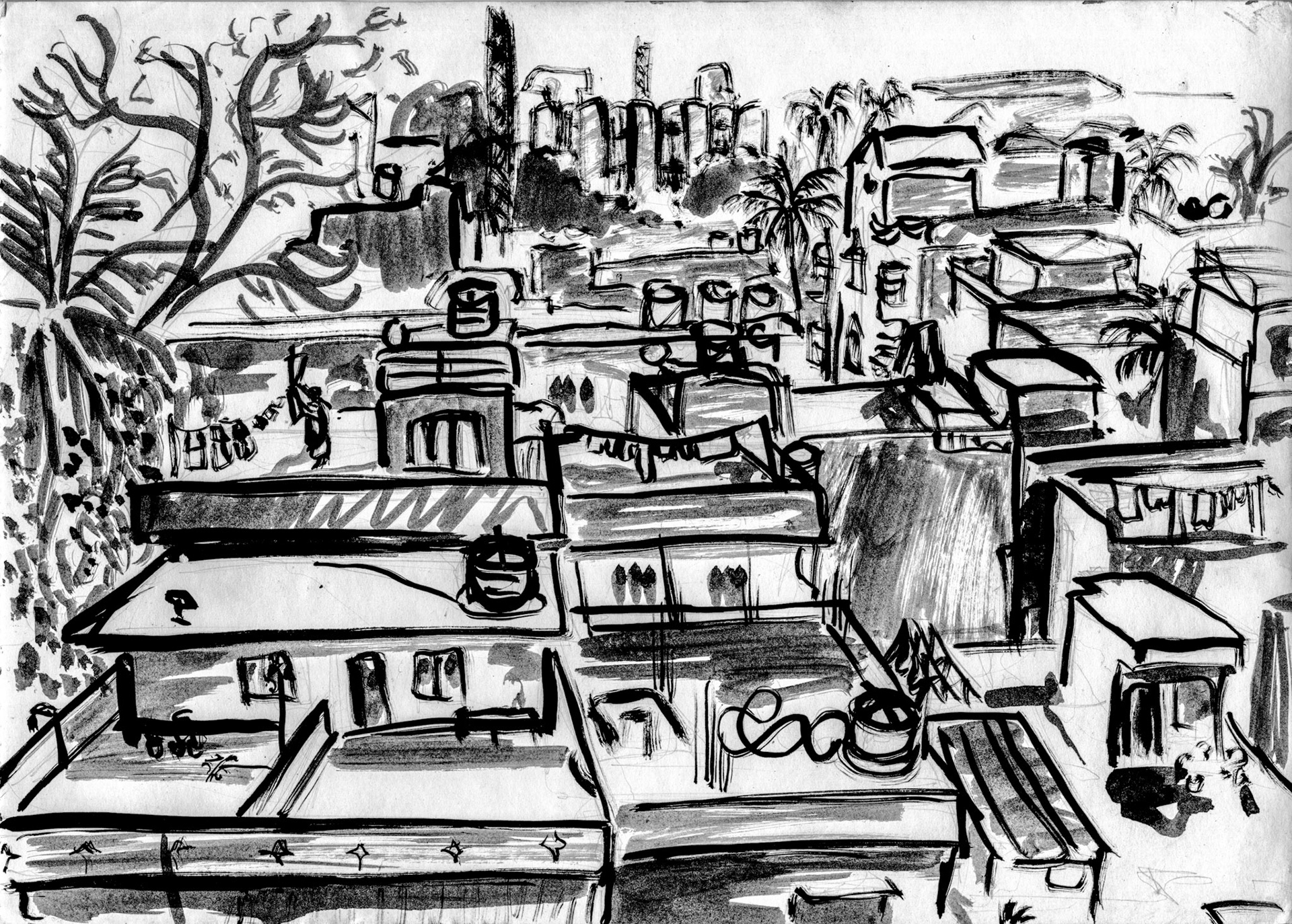 View of the Kormalangan rooftops (Bangalore, India). Black Ink.