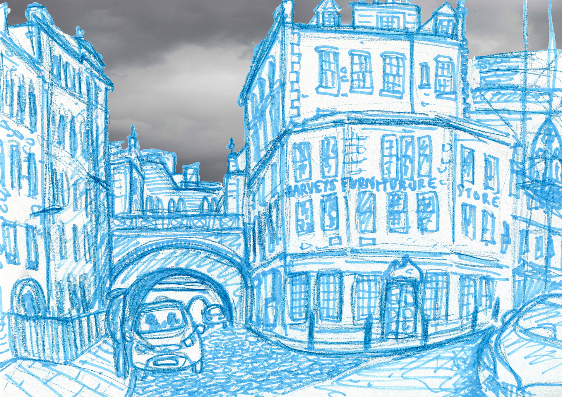 Edinburgh: 'Merchant Street in Blue'. ProMarker, photography, A4, August 2017.