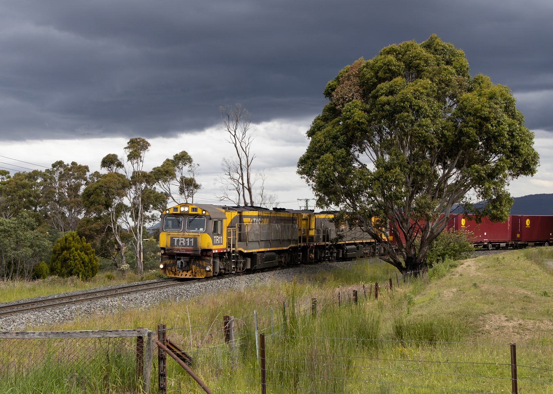 TR11 and TR13, adorned with their Christmas Train LED panels, sweep towards the Rhyndaston Road level crossing between Colebrook and Rhyndaston with a train from the paper mill at Boyer, on Hobart's outskirts. Not long after this photo was taken the stormclouds opened up, putting an end to the chase.