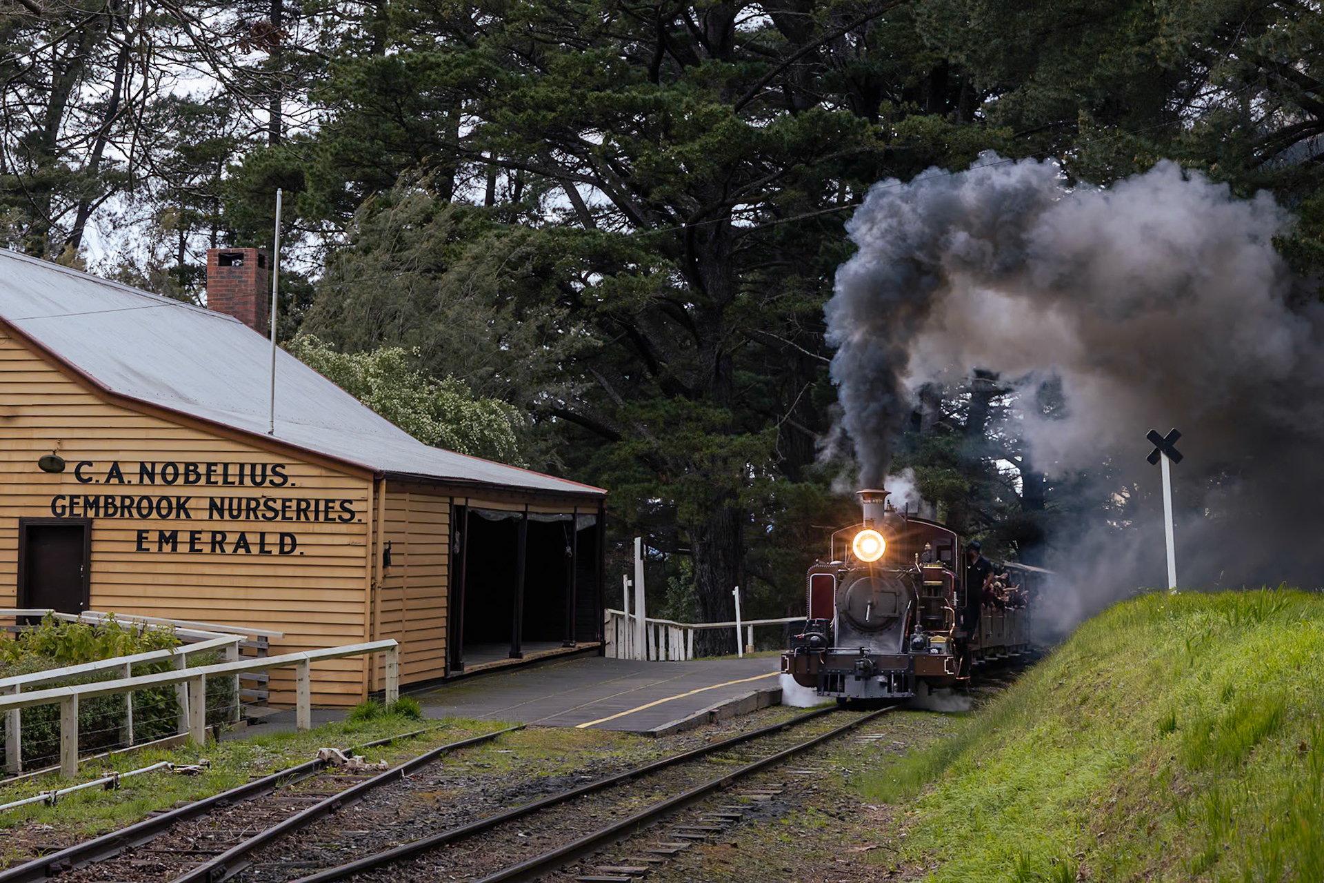 Typically, all locos on Puffing Billy Railway are facing away from Belgrave: it's a rare occasion that something gets turned around. On 17th August 2023, while the Variety children's charity had the entire railway booked out, the loco crews of 12A opted to spin the locomotive on the turntable at Emerald. For the day, 12A and 8A (out of frame) ran push-pull shuttles between Emerald and Lakeside: one set of carriages with a steam loco on either end.