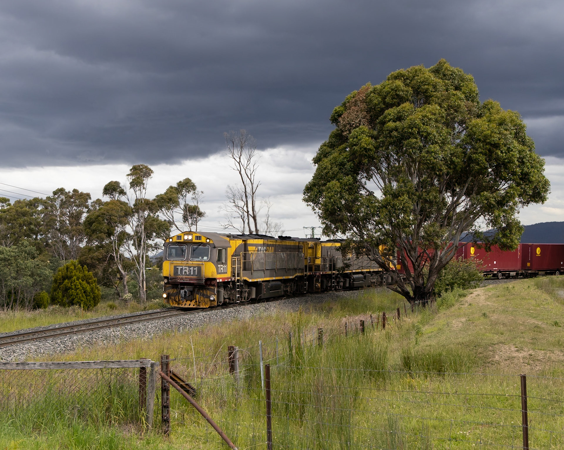 TR11 and TR13, adorned with their Christmas Train LED panels, sweep towards the Rhyndaston Road level crossing between Colebrook and Rhyndaston with a train from the paper mill at Boyer, on Hobart's outskirts. Not long after this photo was taken the stormclouds opened up, putting an end to the chase.