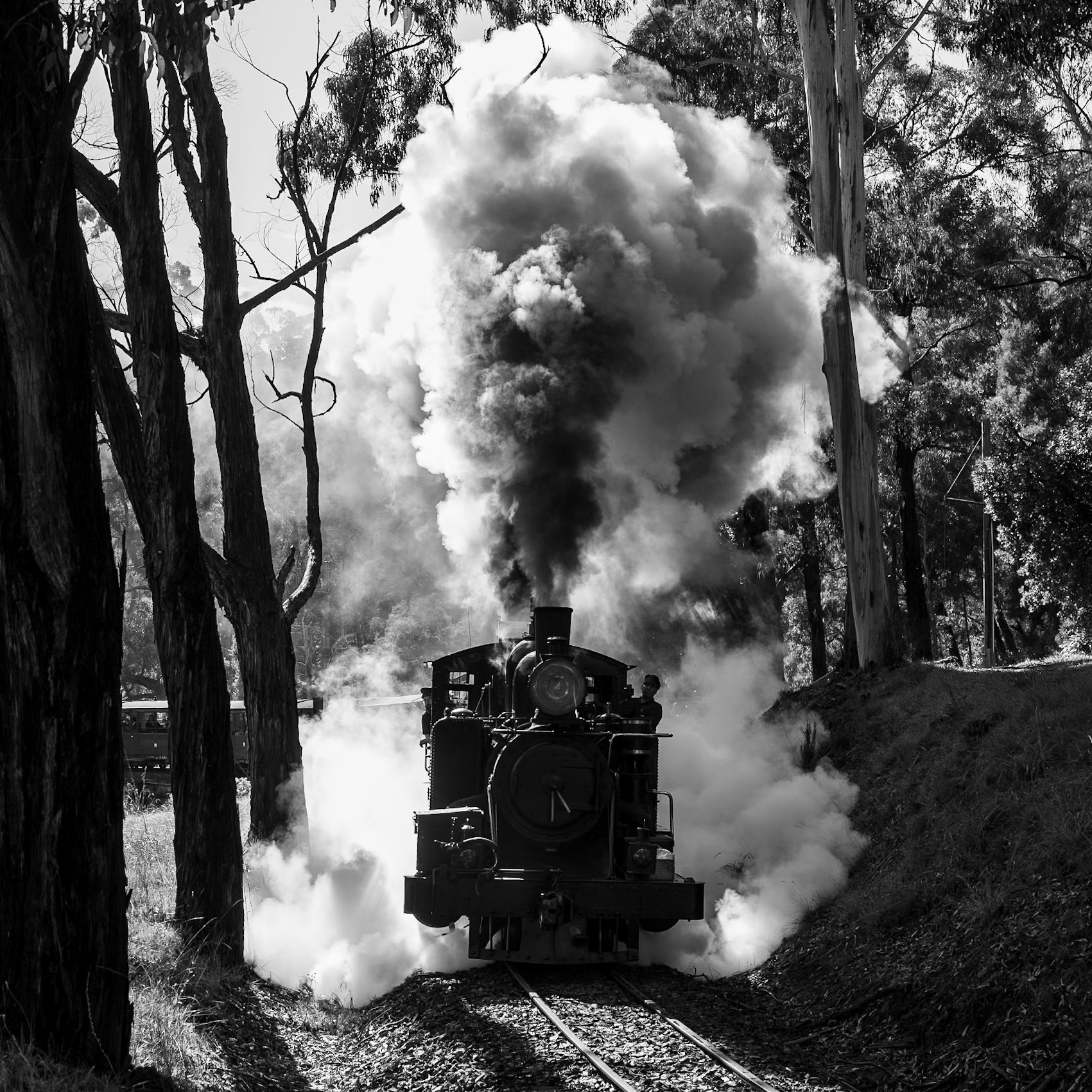 Charging uphill towards Menzies Creek, 8A leads 7A over the Monbulk Creek trestle bridge and into the suburb of Selby with the first train of the day for Lakeside.