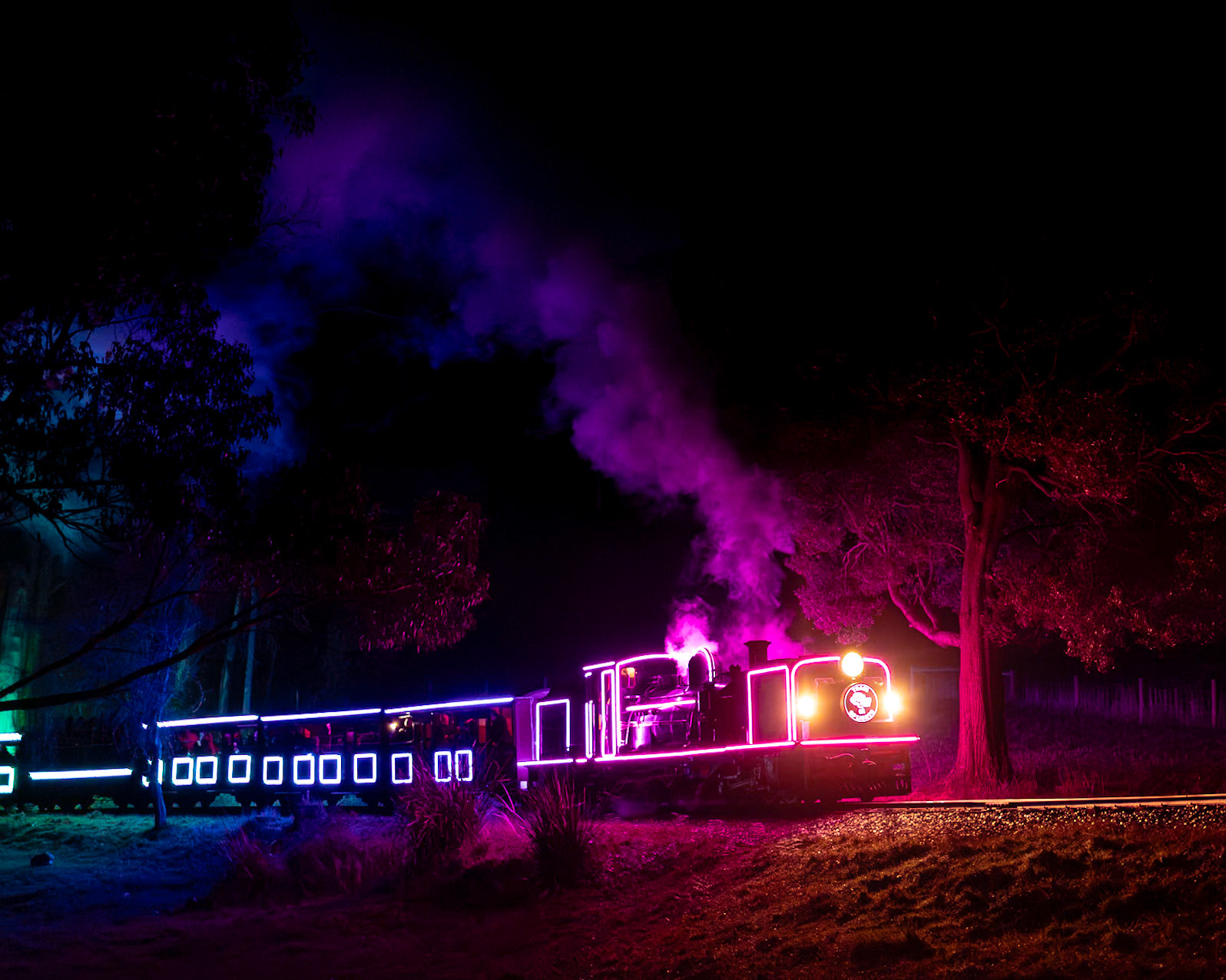 The lighting pattern on Puffing Billy Railway's "Train of Lights" cycles through its most impressive sequence at Fielder as NG/G16 no. 129 powers uphill towards Gembrook.