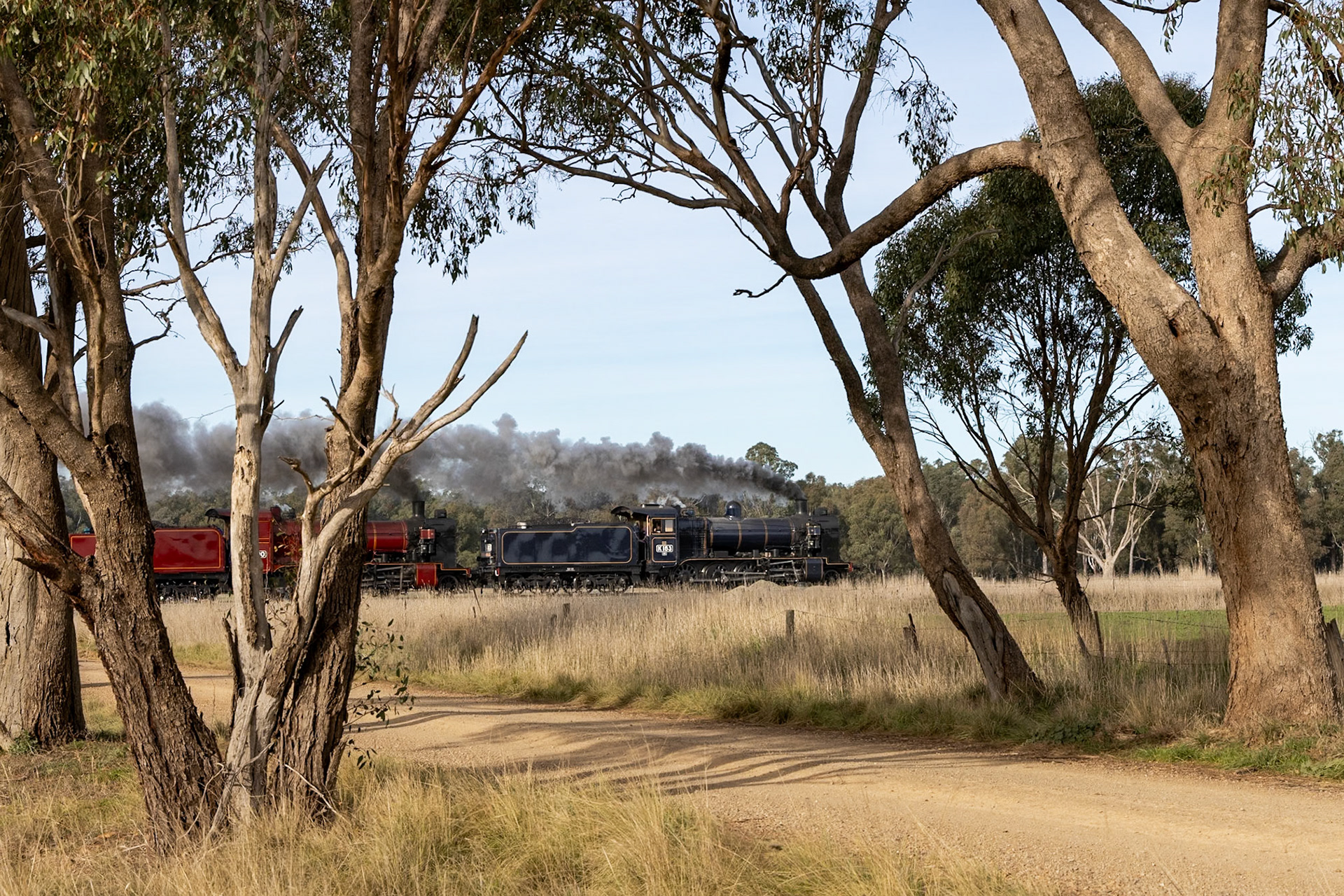Over the King's Birthday long weekend in Victoria, Steamrail Victoria operated a series of shuttle trips with K183 and K190 from Shepparton north through the towns of Congupna and Tallygaroopna. Assisted by diesel locos T356 and T364, the long train of passenger, crew, and support vehicles journeyed north from Melbourne on Friday 7th June. Captured on the return to Melbourne, K183 and K190 stand out against the muted browns and greens of the bushland around Toolamba as they race south to meet their timeslot on the busy corridor from Seymour to Melbourne.